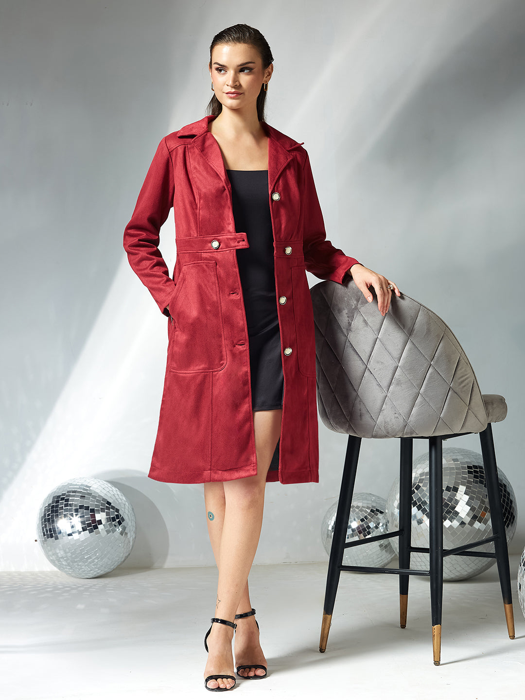 Women's Dark Red Solid Shirt Collar Full Sleeves Patched Pocketed Polyester Button Down Longline Jacket