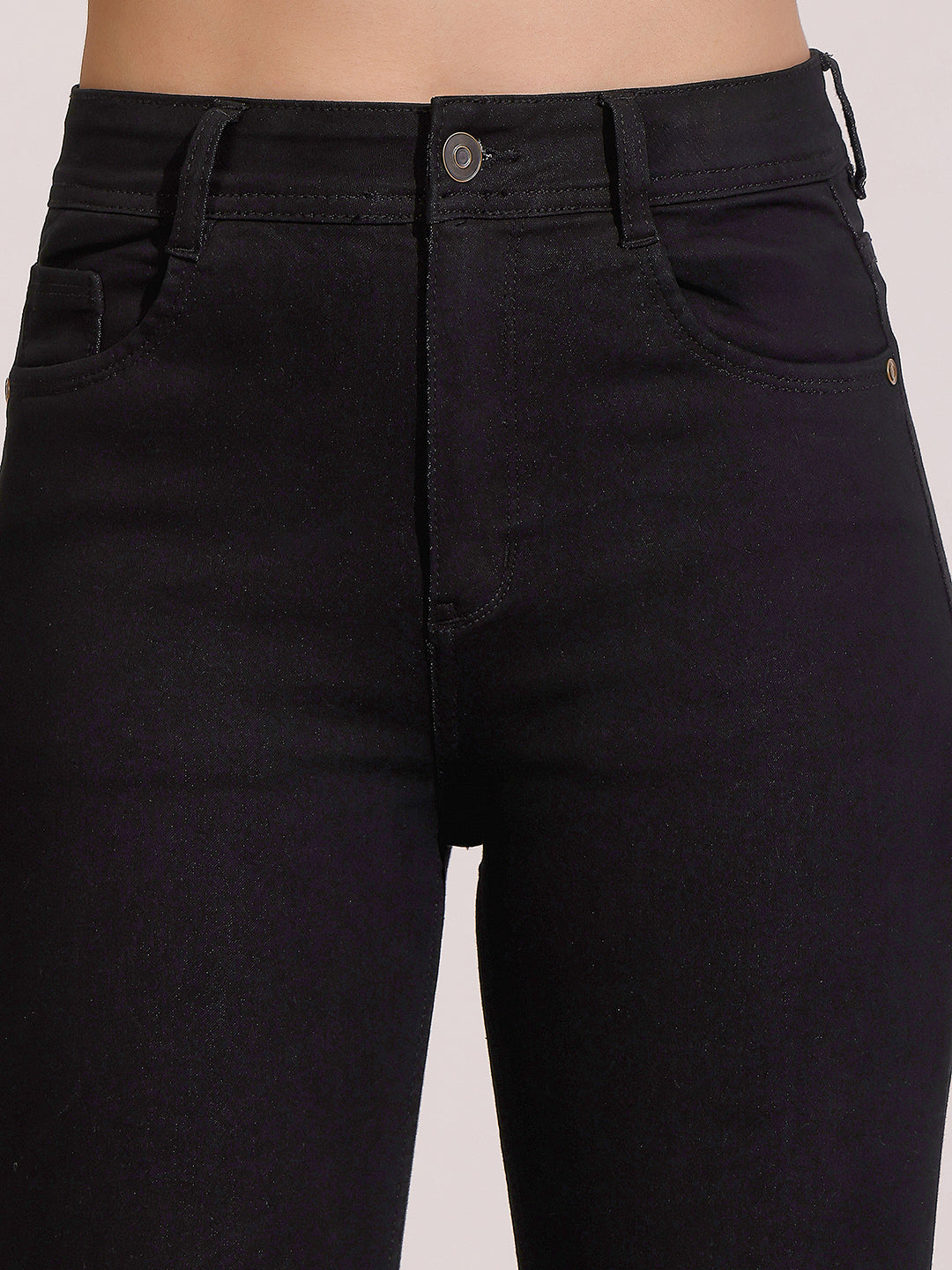 Women's Black Slim Fit High Rise Regular Length Zipper And Raw Edge Detailing Stretchable Denim Jeans