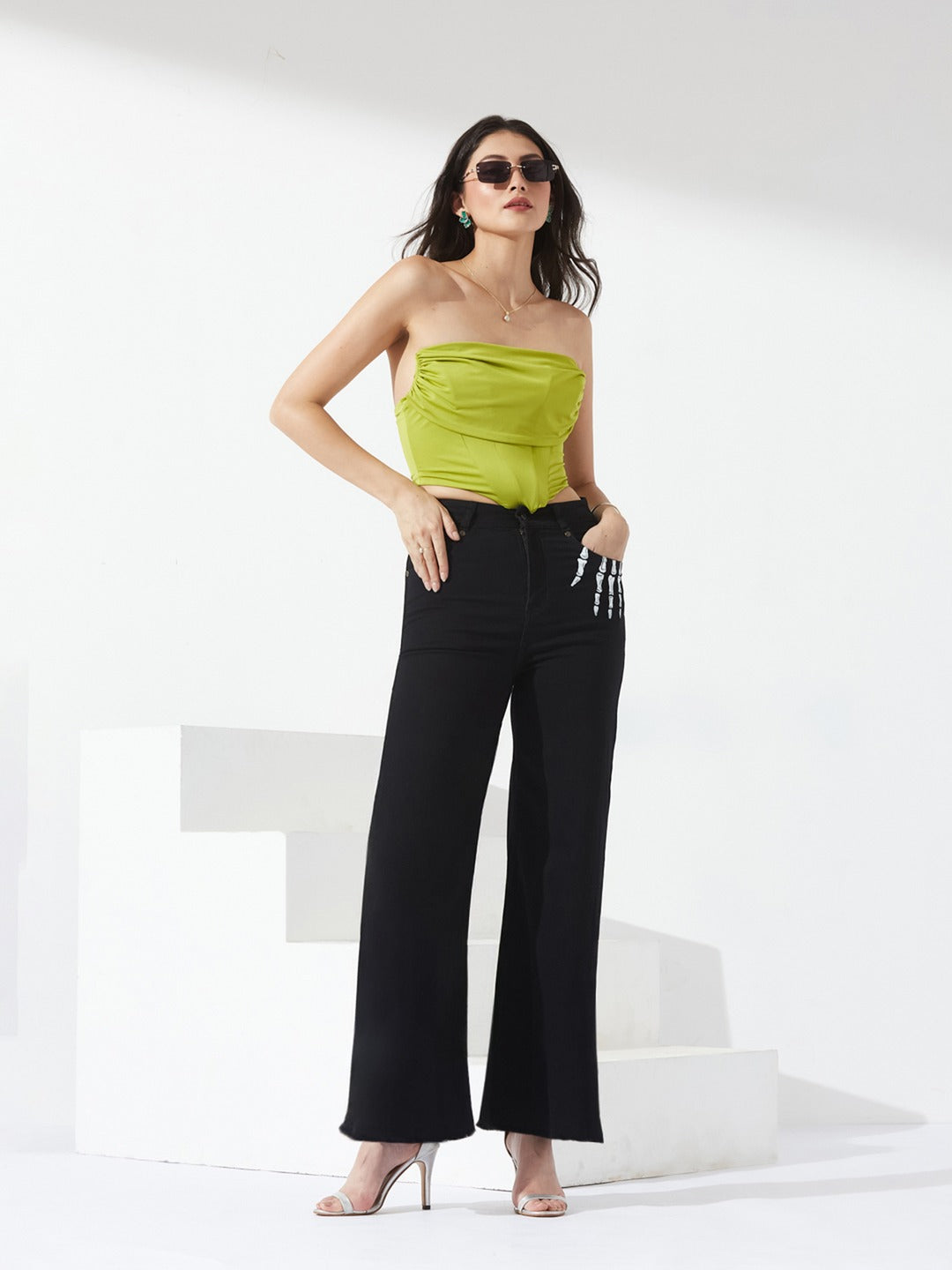 Black Wide Leg high-rise Hand Painted Skeleton Art Stretchable Denim Jeans for Women