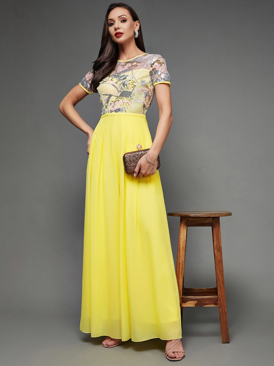 Women's Multicolored-Base-Yellow Round Neck Short Sleeve Floral Pleated Georgette Jumpsuit