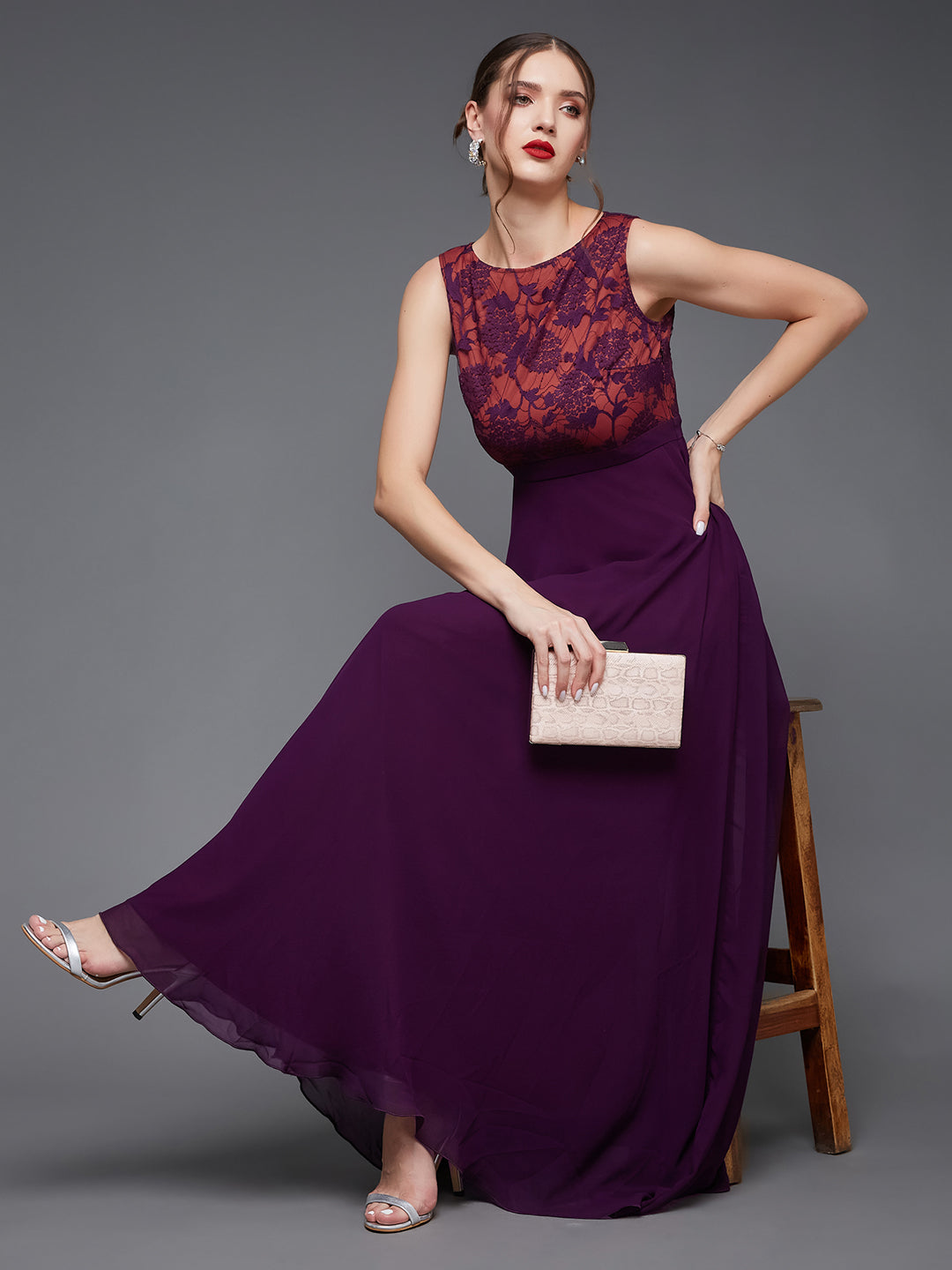 Women's Dark Purple Round Neck Sleeveless Georgette & Lace Floral Fit & Flare Maxi Dress