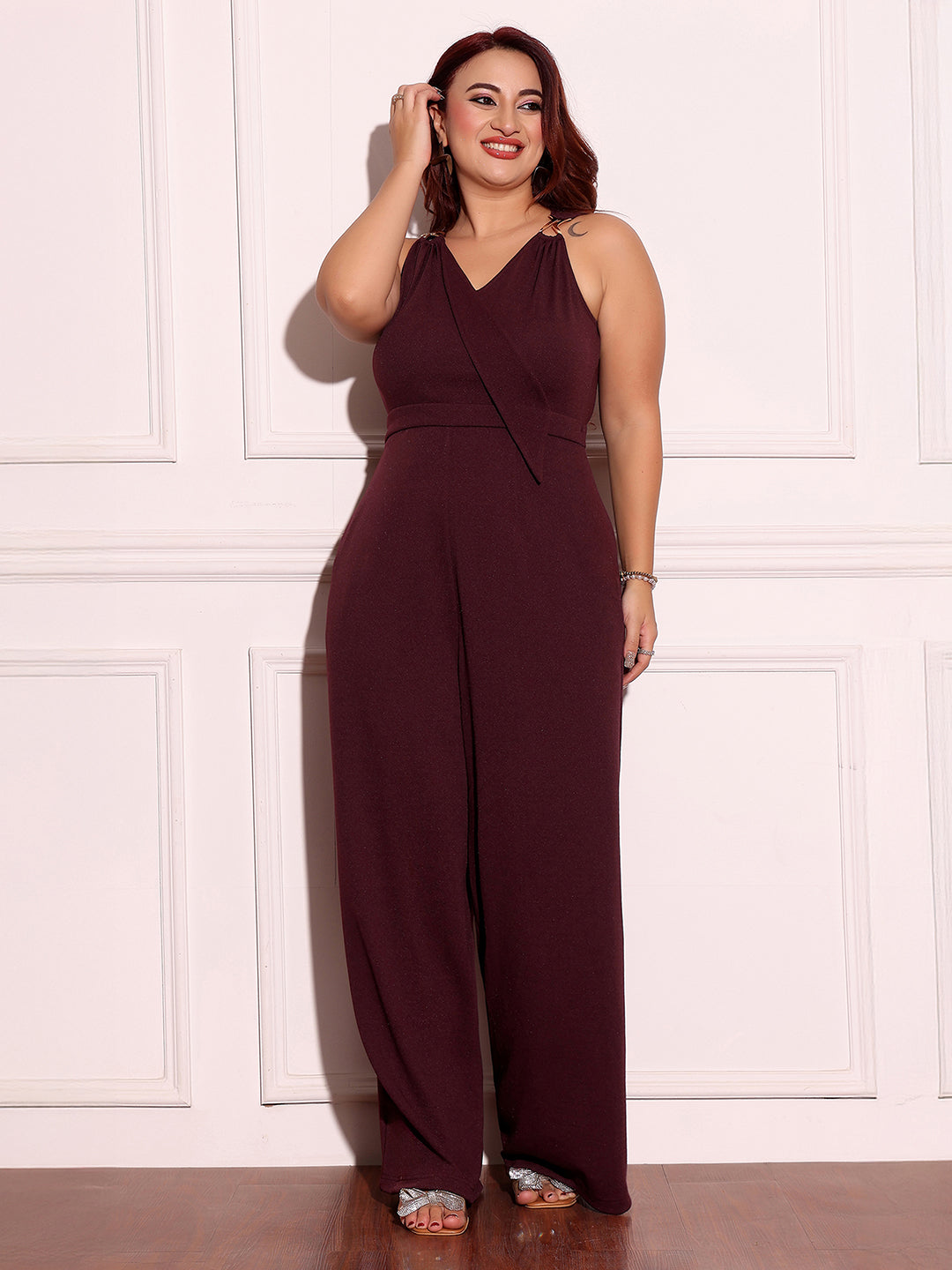 Women's Wine V-Neck Sleeveless Solid Wrap Regular Jumpsuit