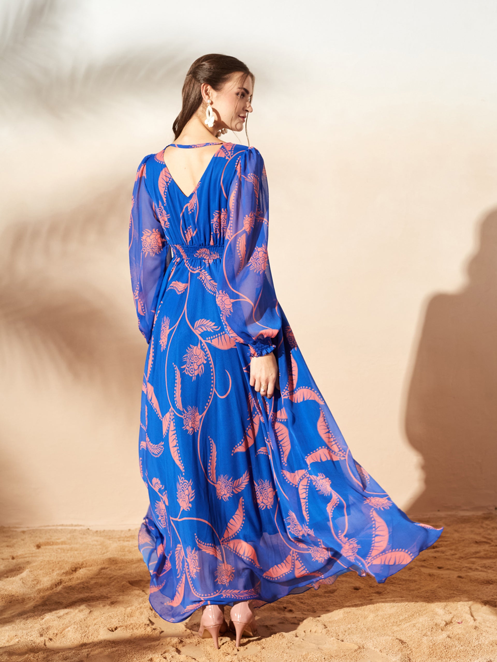 Royal Blue & Coral Full Sleeves Floral Printed Fit and Flare Dress for Women