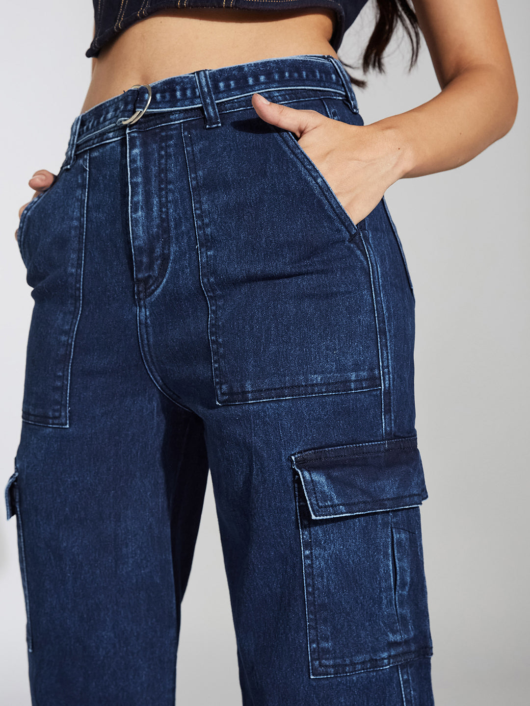 Women's Blue Wide-Leg High-Rise Clean-Look Stretchable Cargo Denim Jeans
