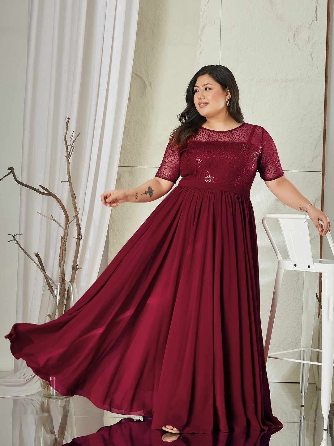 Maaroon Relaxed Fit Maxi Georgette & Sequins Dress for Women