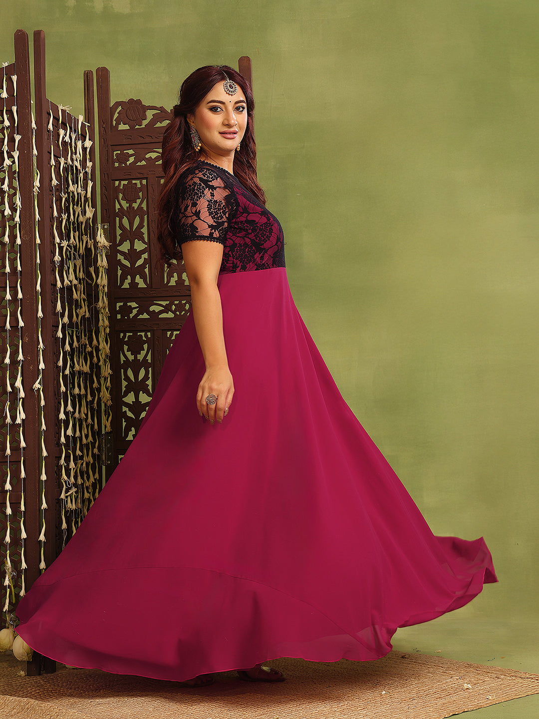 Women's Dark Pink Georgette Short-Sleeved Self-Design Lace-Overlaid Maxi Dress