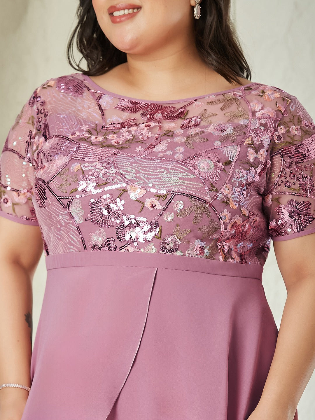 Dusty Pink Square Neck Half Sleeve Solid Embellished Maxi Dress for Women