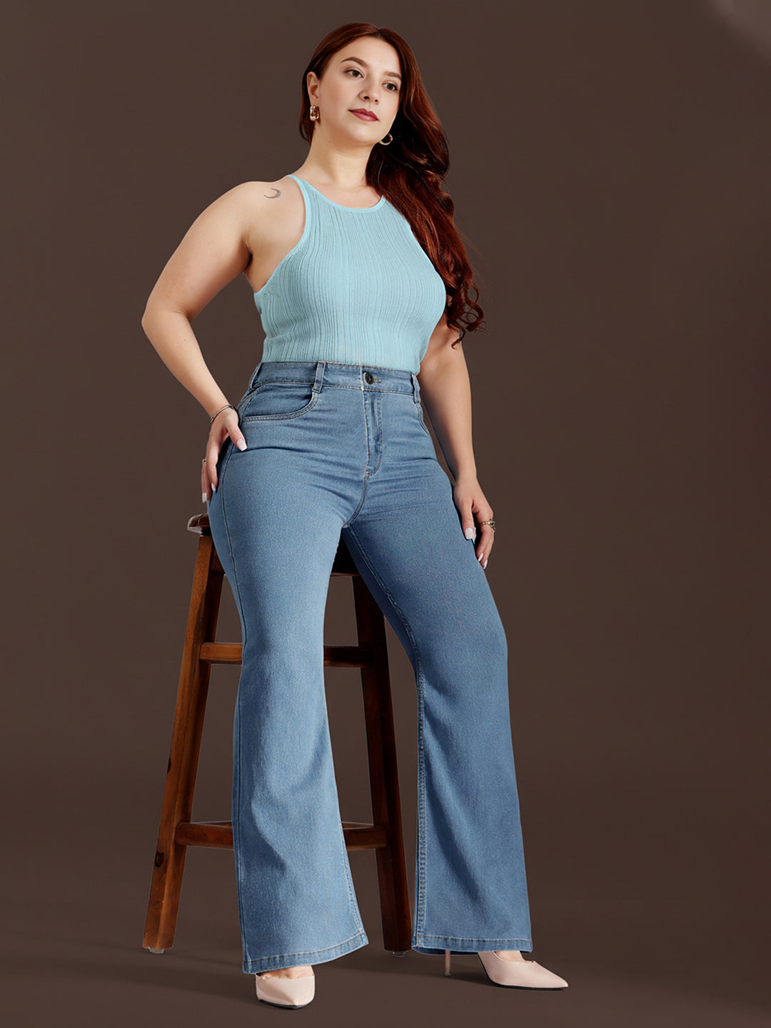 Light Blue Bootcut High rise Regular Stretchable Denim Jeans for Women