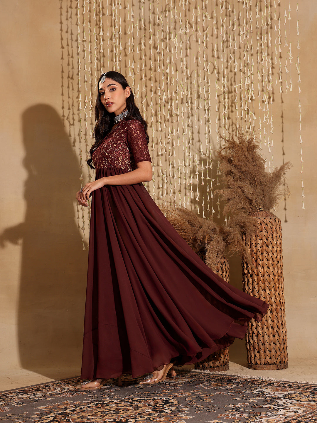 Women's Wine V-Neck Half Sleeve Self Designed Wrap Georgette Maxi Dress