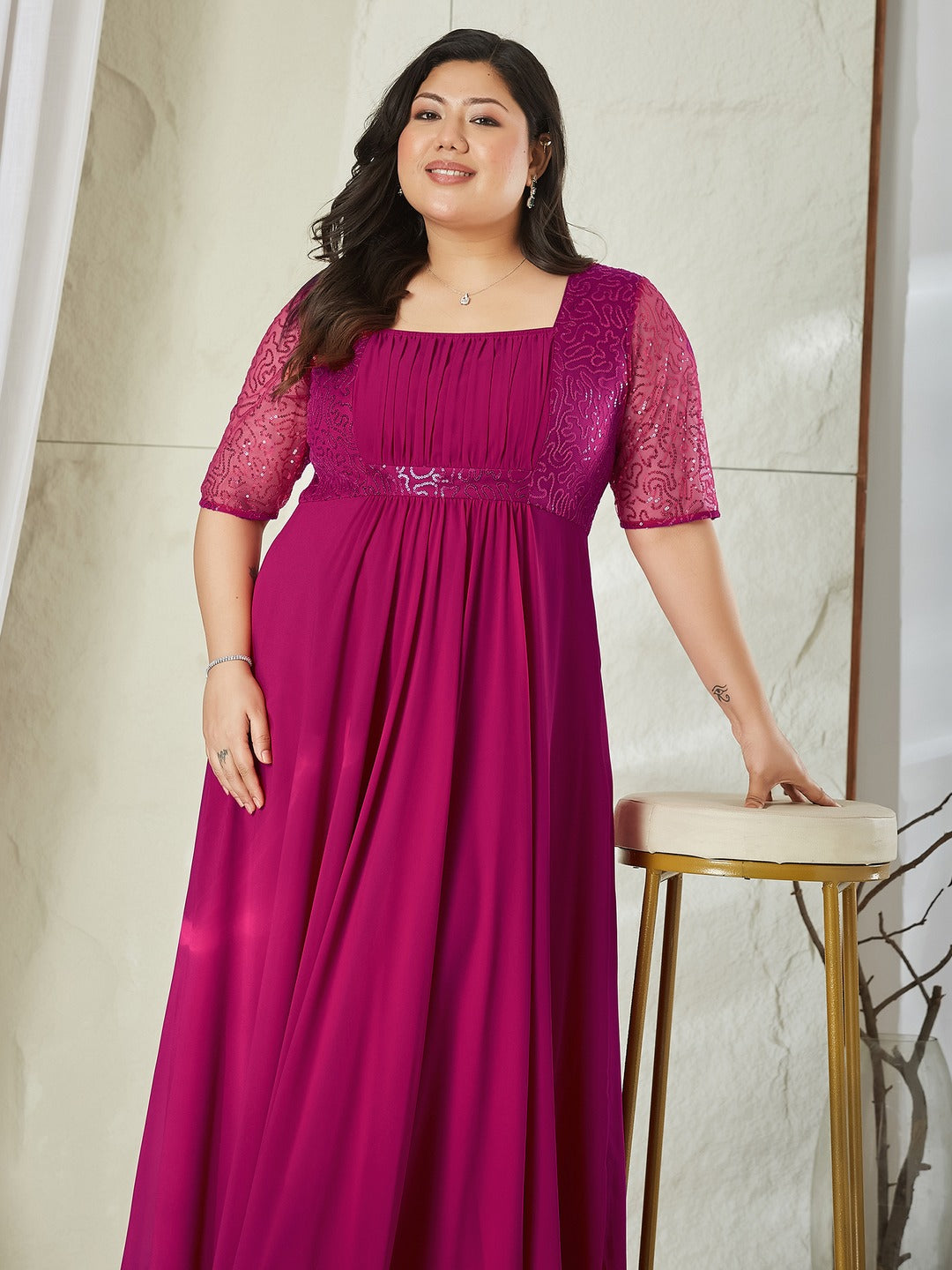 Dusty Pink Square Neck Half Sleeve Solid Embellished Maxi Dress for Women