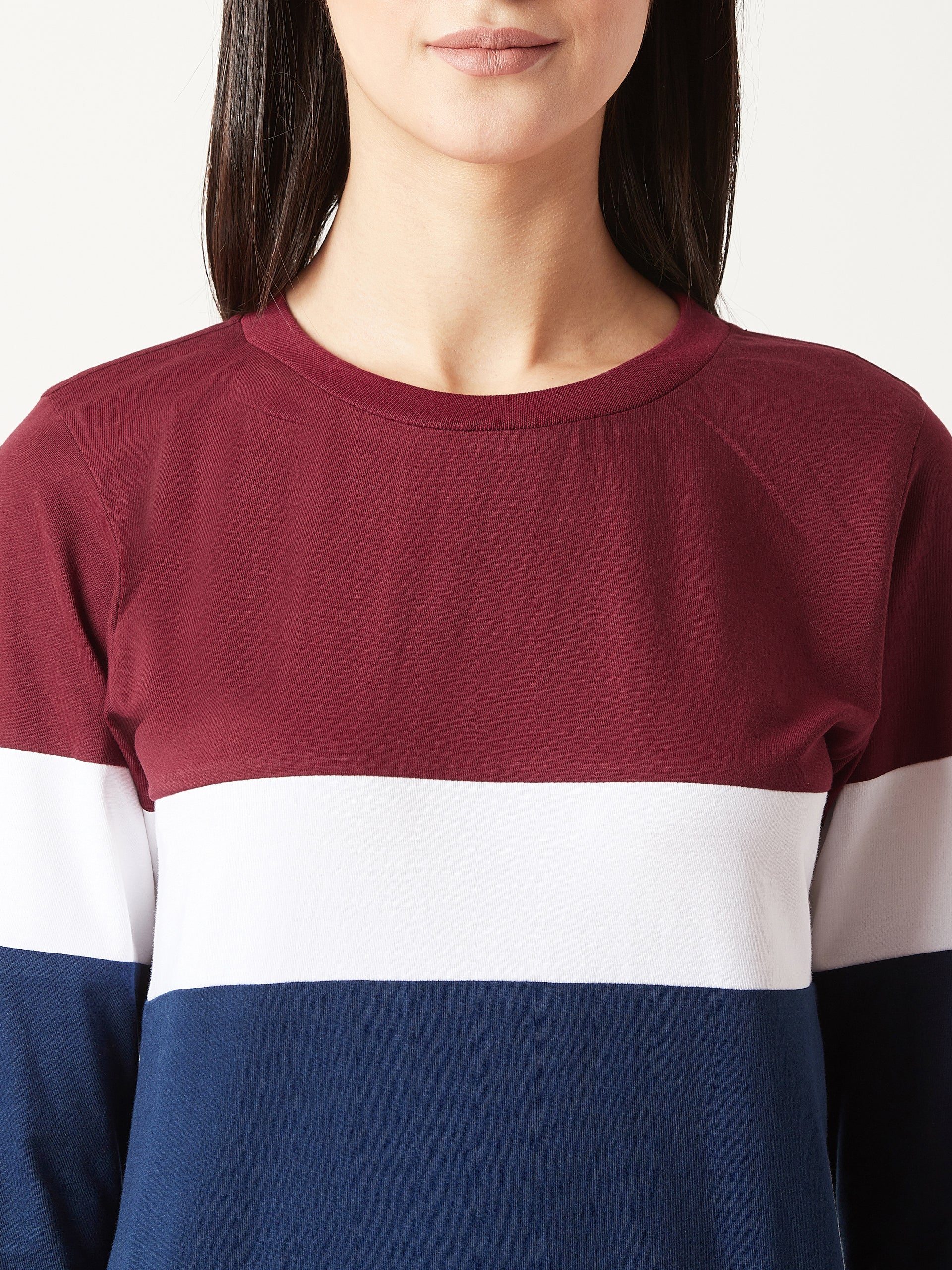 Women's Multicolored With A Navy Blue Base Round Neck Full Sleeves Cotton Solid Boxy Paneled Color block Sweatshirt