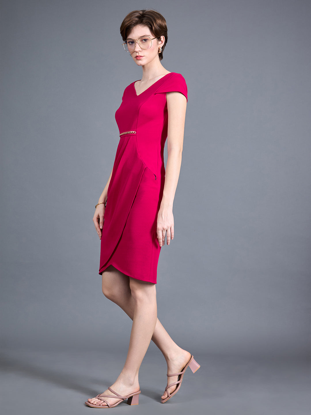 Women's Pink Solid V Neck Cap Sleeves Polyester Side Pocketed Knee Long Dress