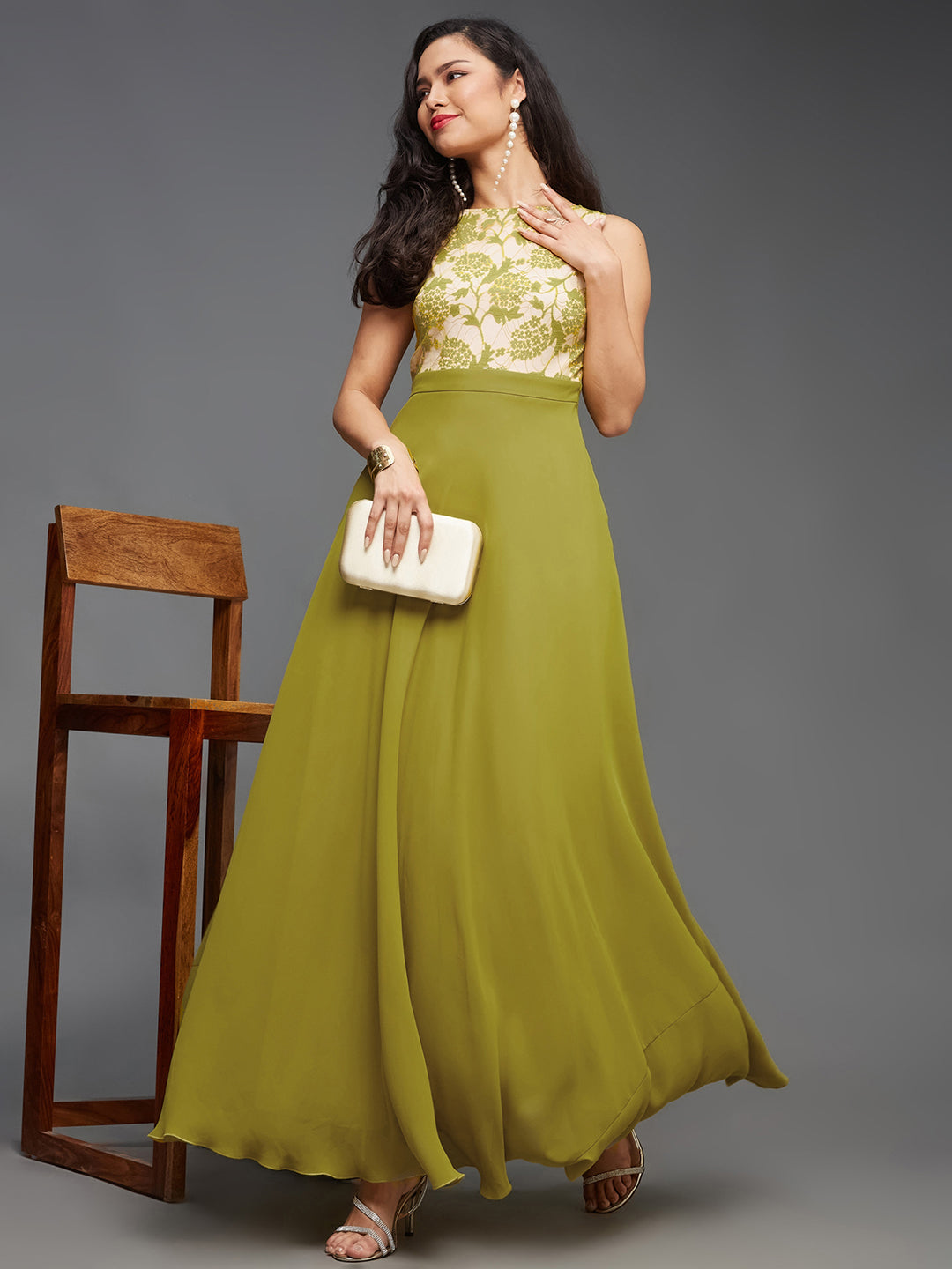 Women's Lemon Green Round Neck Sleeveless Georgette Floral Lace Fit & Flare Maxi Dress