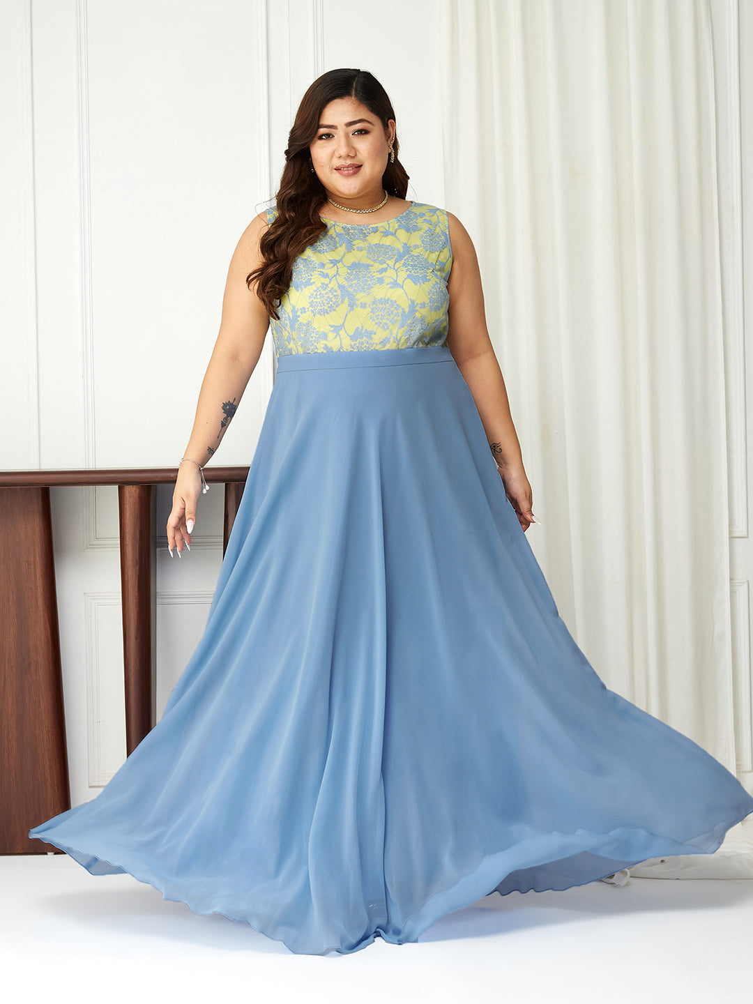 Sky Blue Round Neck Sleeveless Georgette & Lace Floral Fit & Flare Maxi Dress for Women