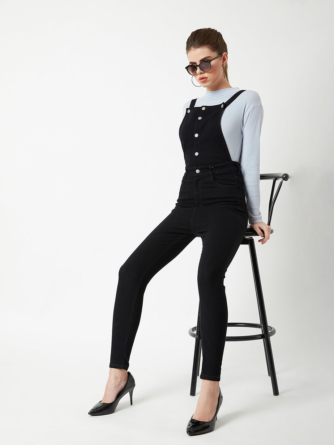 Women's Black Skinny High Rise Clean Look Regular Stretchable Denim Dungaree