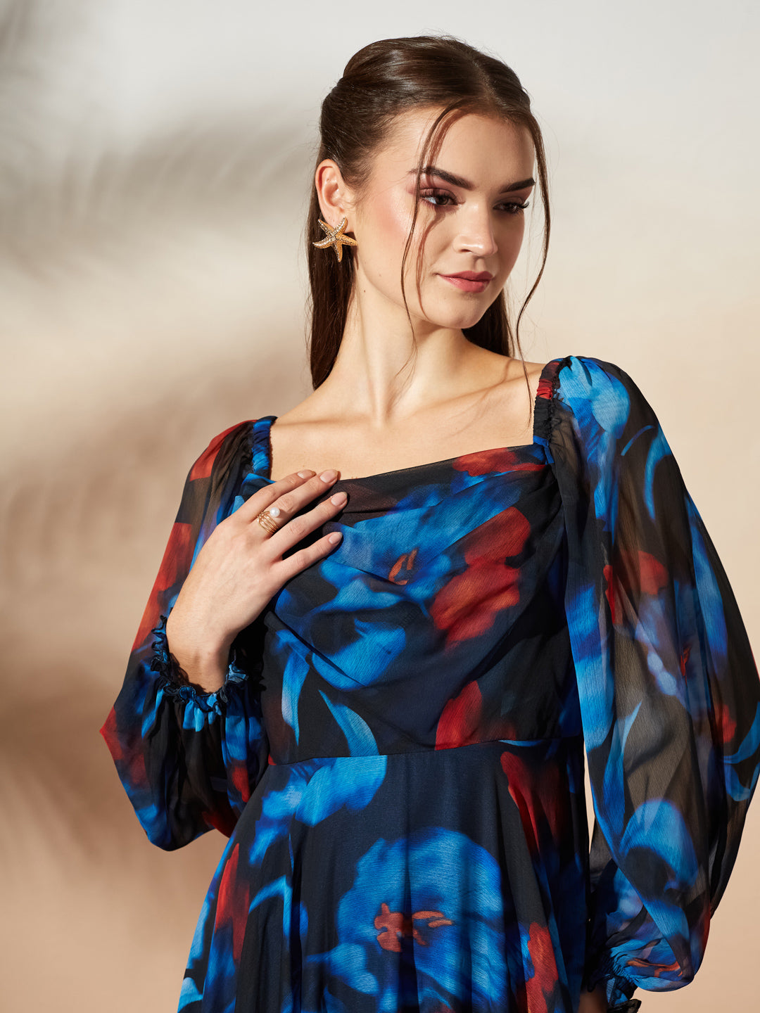 Black V-Neck Puff Floral Overlap/ Tiered Maxi Chiffon Ethnic Dress for Women — Miss Chase