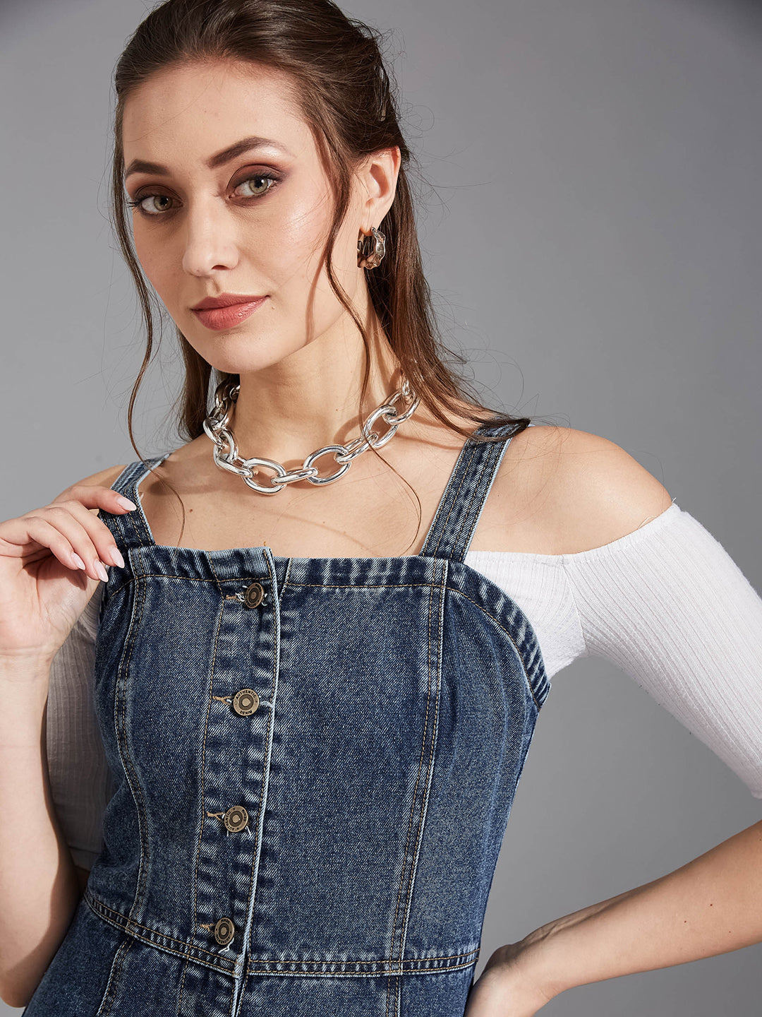 Women's Navy Blue Slim Midi Denim Dress