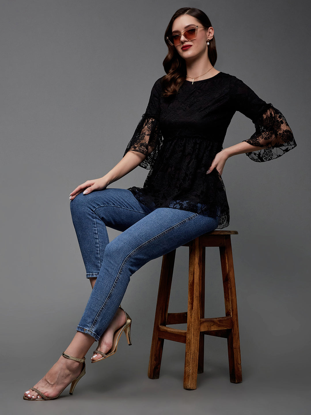 Women's Black Relaxed Fit Regular Lace Top