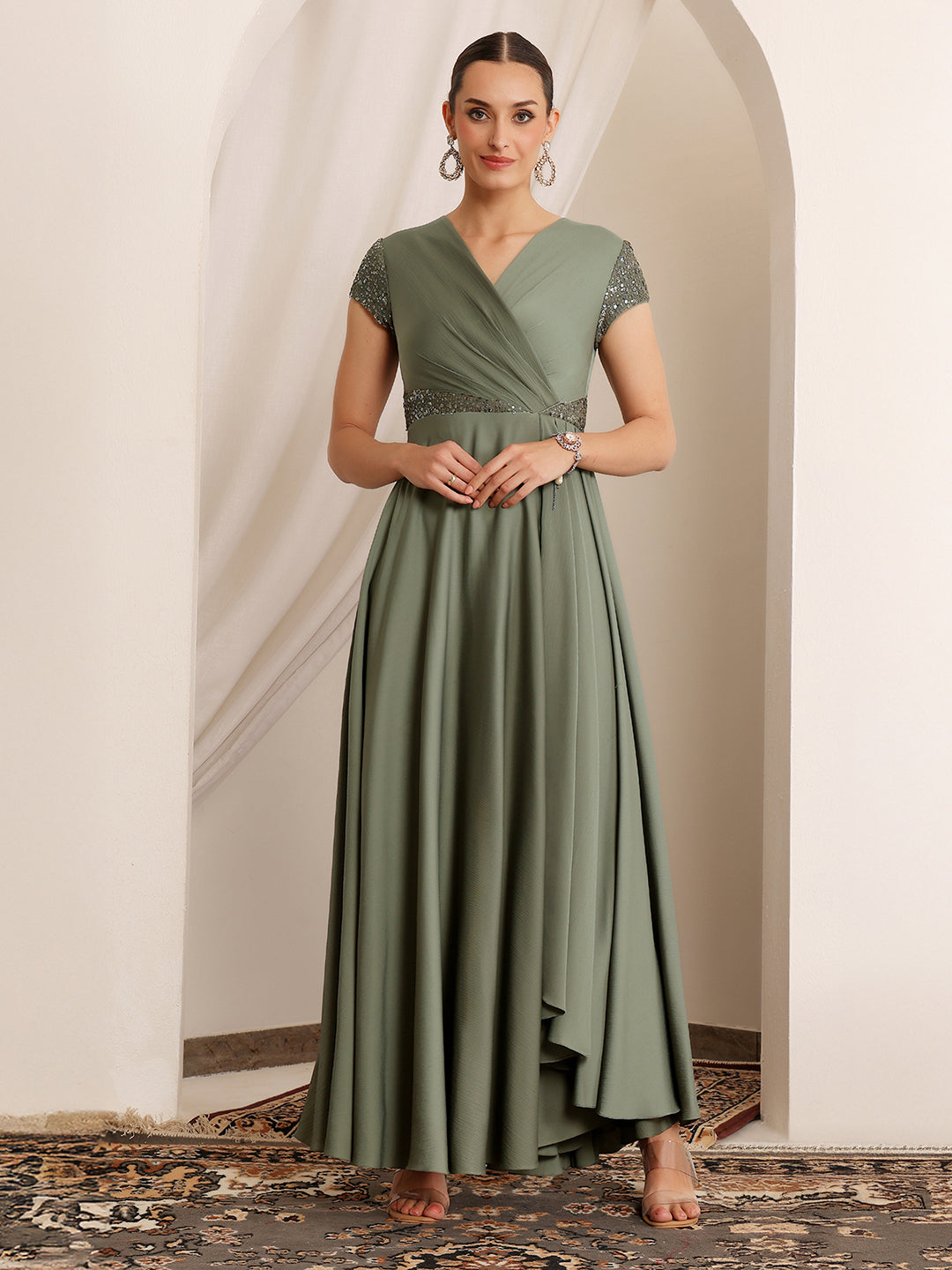 Women's Embellished Pale Olive Gown in Asymmetric Draped Premium Satin