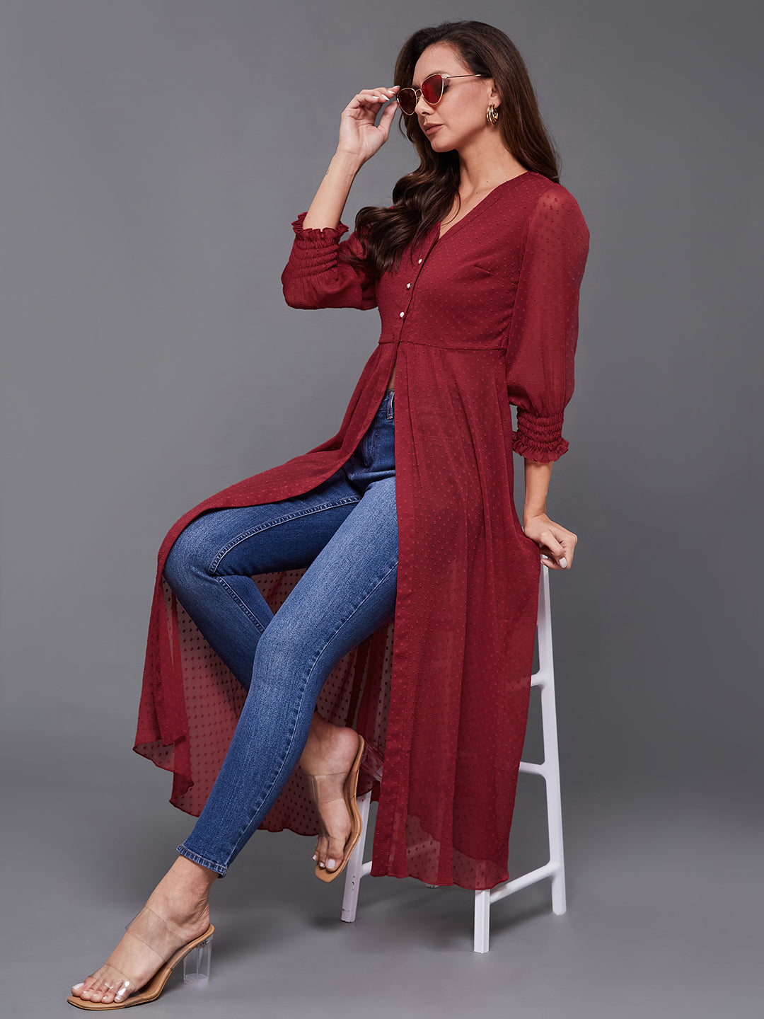 Women's Maroon V-Neck 3/4 Sleeves solid empire Maxi Top