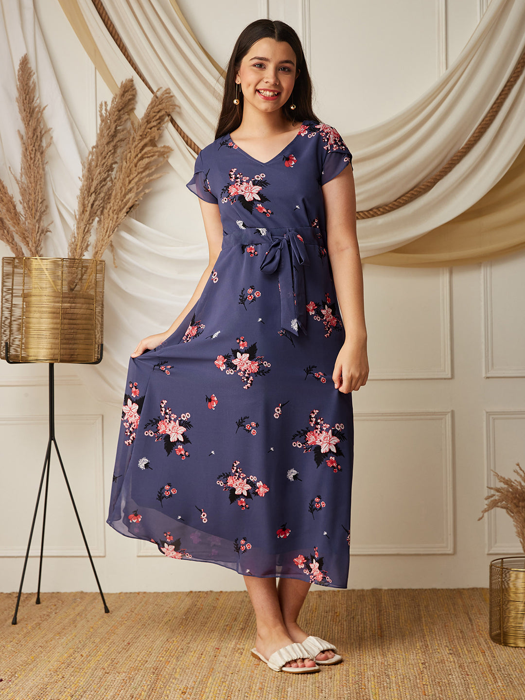 Multicolored Base Lavender V-Neck Short Sleeved Floral Pleated Midi Dress