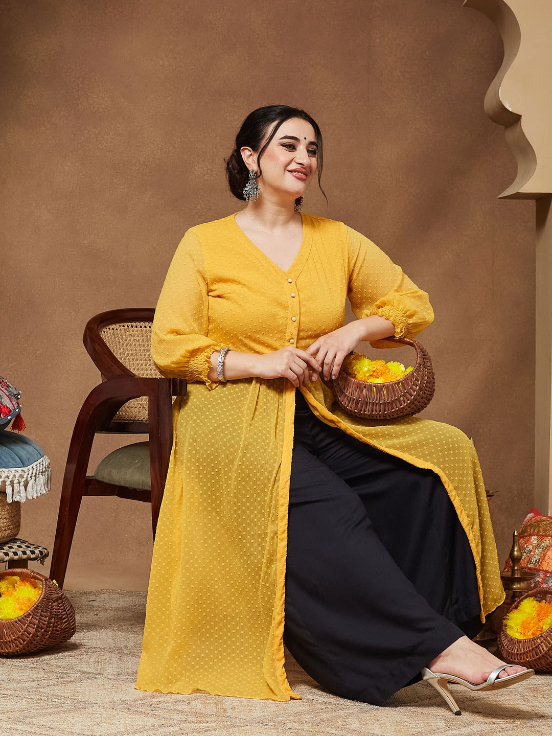 Mustard Yellow V-Neck 3/4 Sleeves solid empire Maxi Top for Women — Miss Chase A+