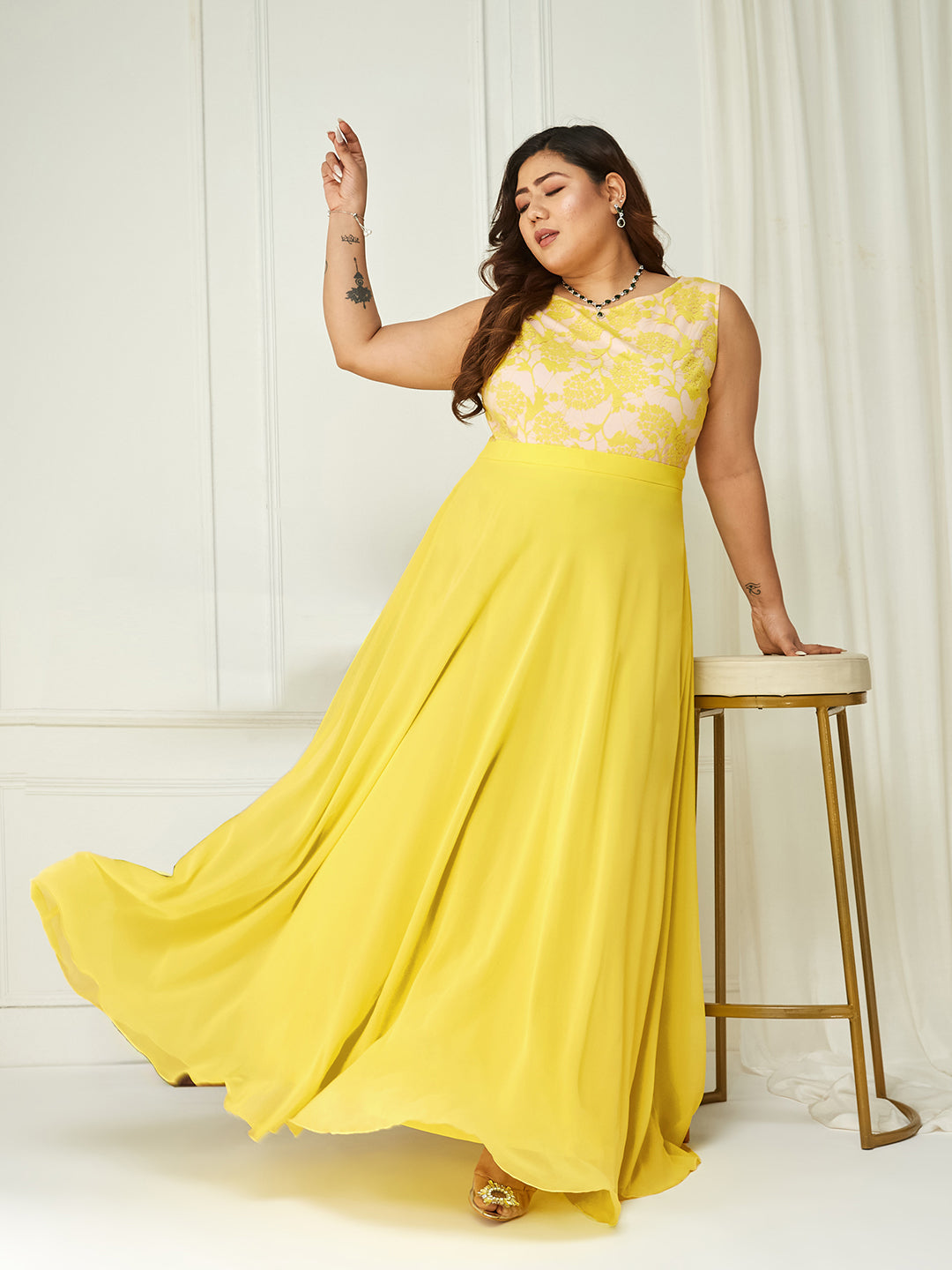 Women's Light Yellow Round Neck Sleeveless Georgette Lace Floral Fit & Flare Maxi Dress