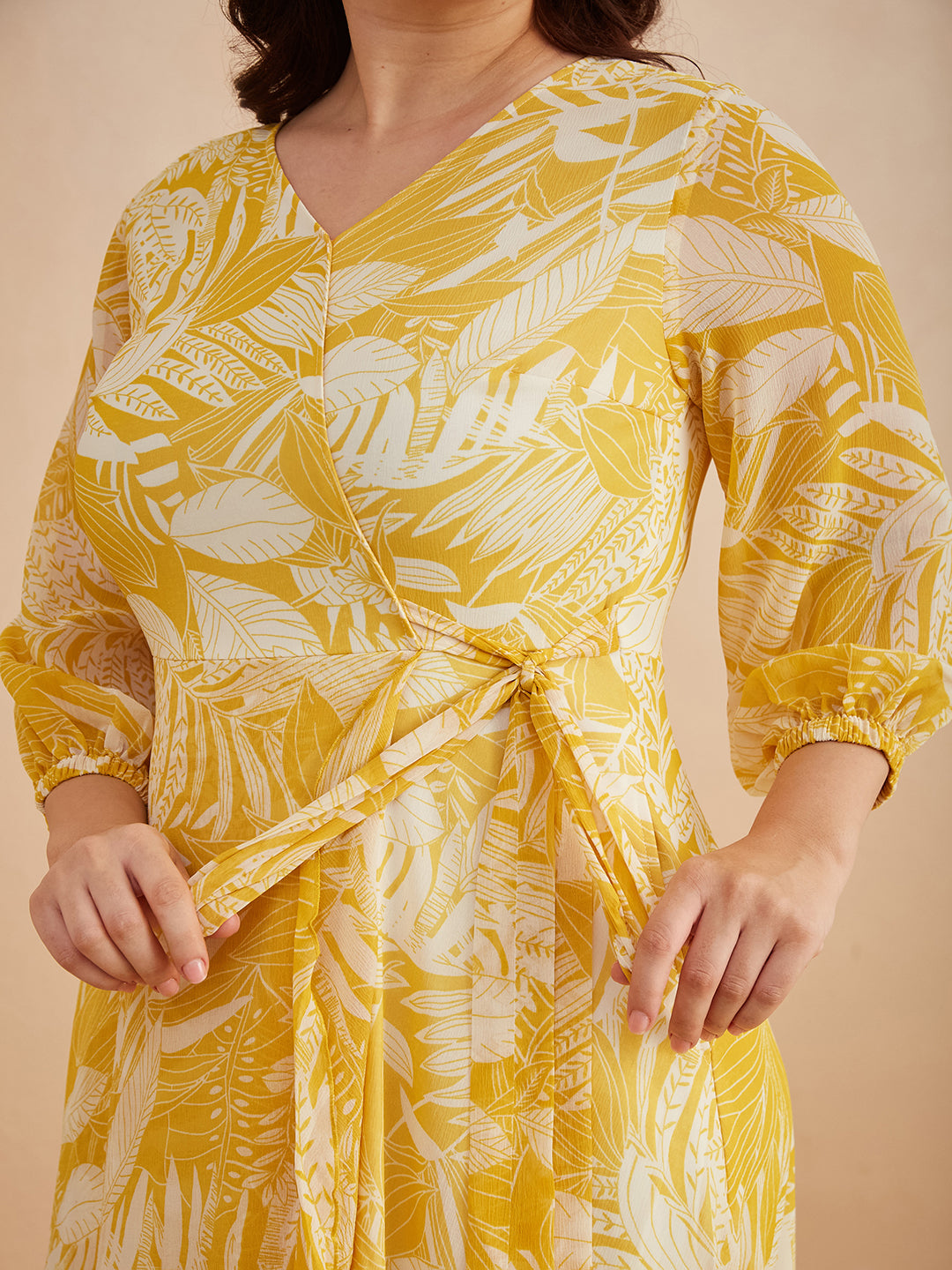 Yellow & White V neck Full sleeve Floral Layered Maxi Dress for Women