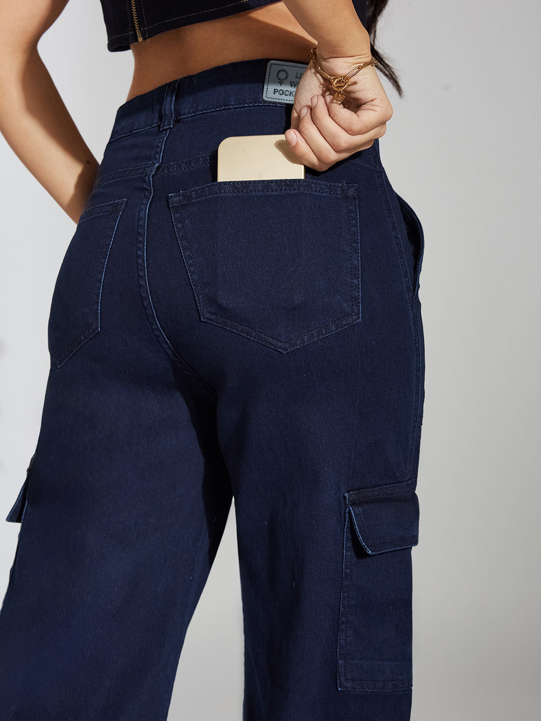 Women's Navy Blue Wide-Leg High-Rise Clean-Look Stretchable Denim Cargo Jeans