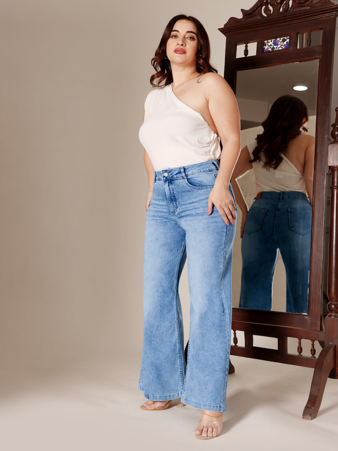 Light Blue Wide-Leg High Rise Clean Look Regular Length Stretchable Denim Jeans for Women