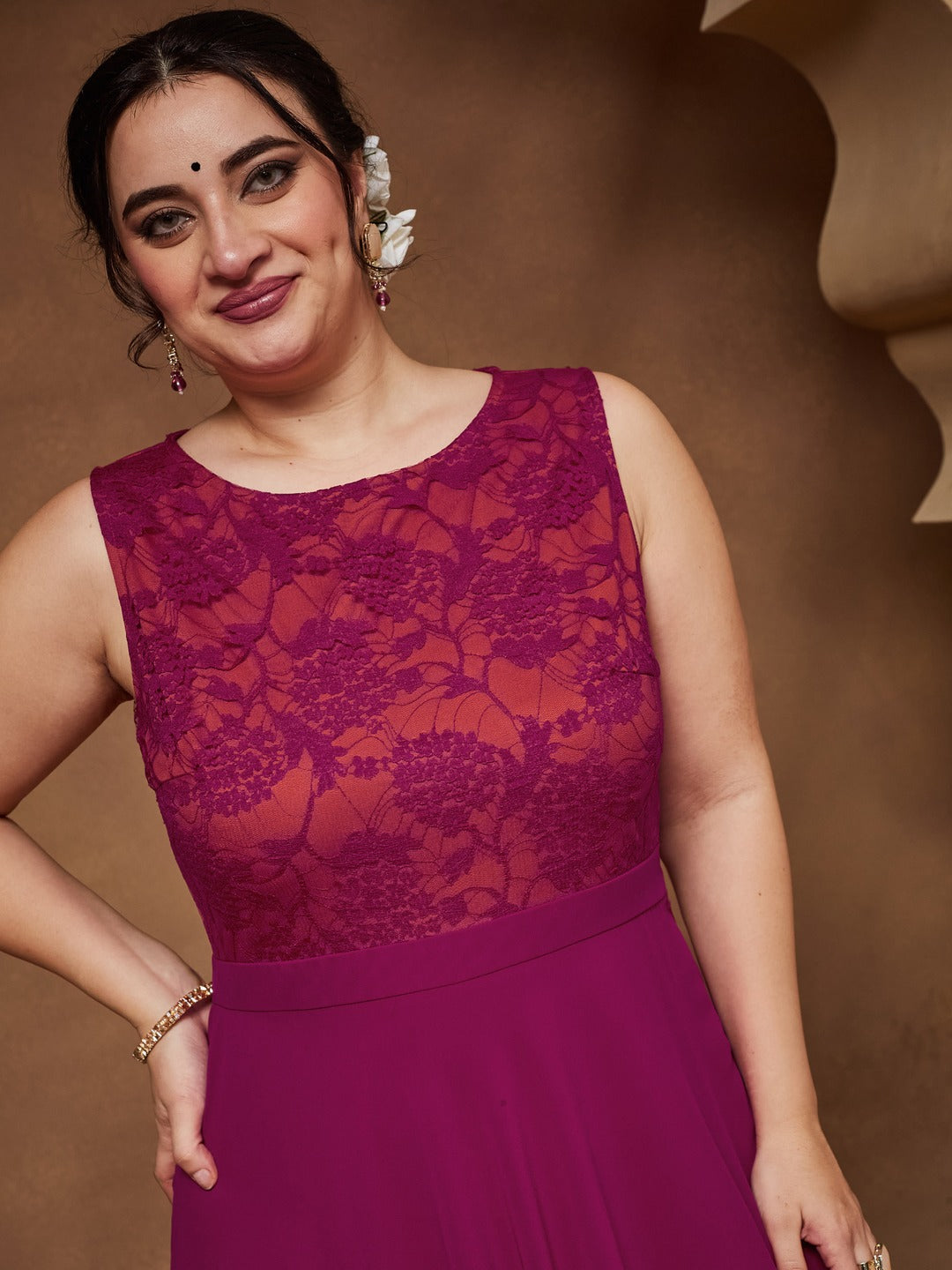Dark Pink & Rust Boat Neck Sleeveless Self Design Lace Overlaid Regular Dress for Women — Miss Chase A+