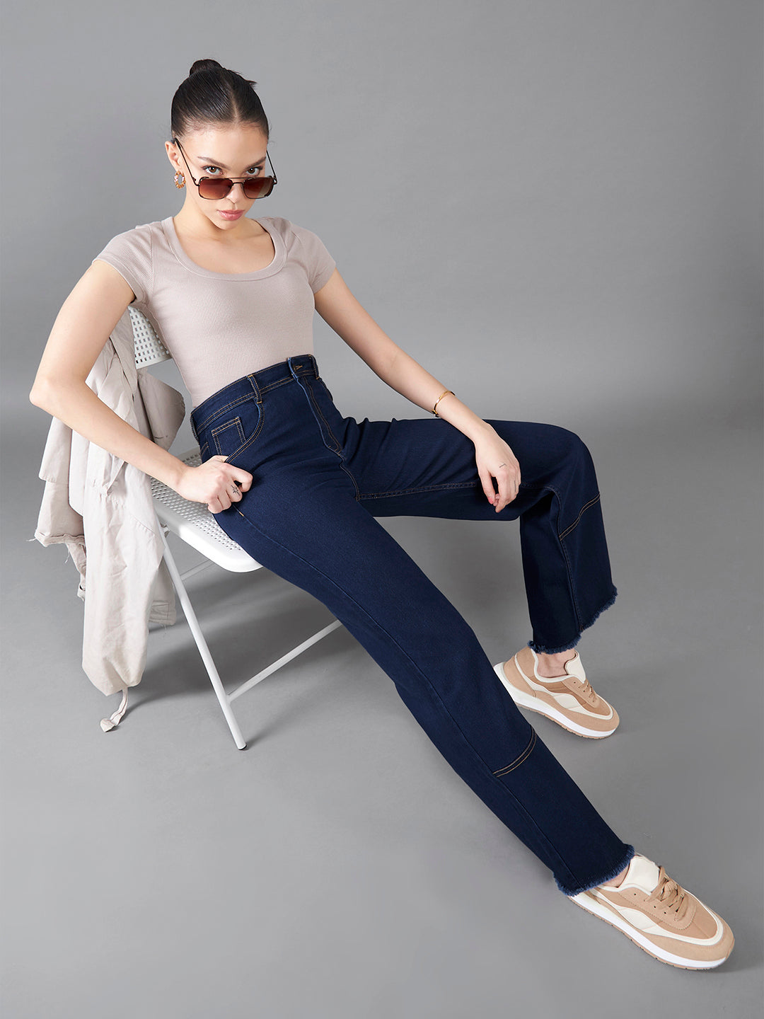 24/7 Comfort Women's Navy Blue Wide Leg High Rise Clean Look Regular Length Stretchable Denim Jeans