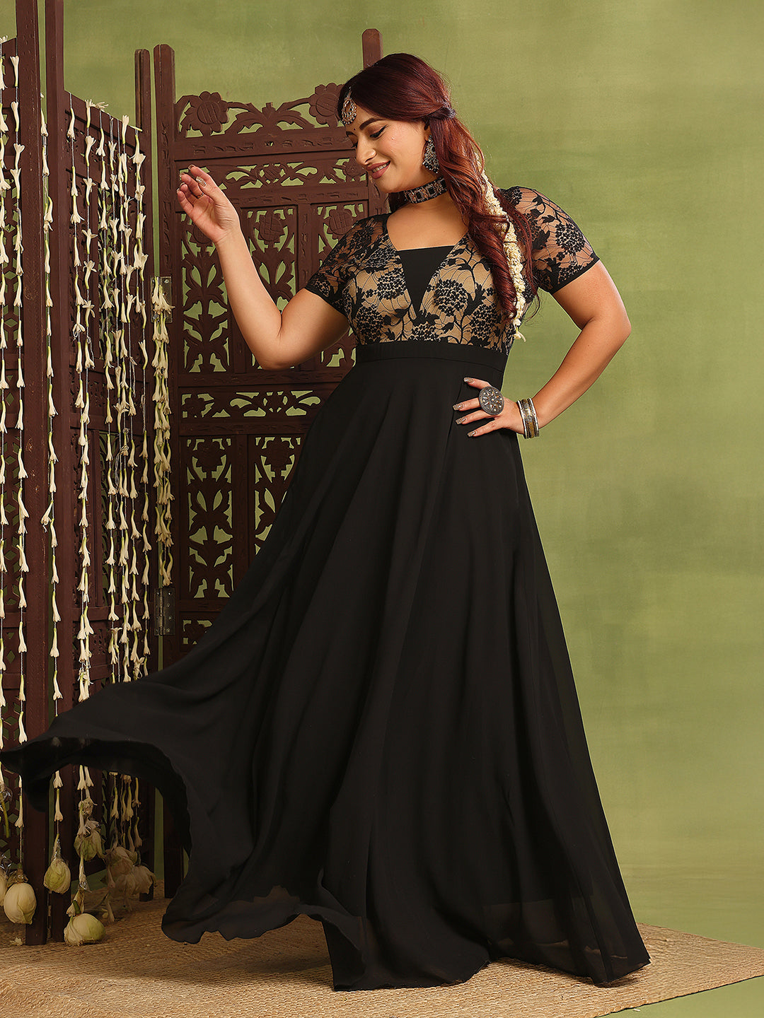 Women's Black Square Neck Raglan Short-Sleeved Self-Design Lace-Overlaid Georgette Maxi Dress