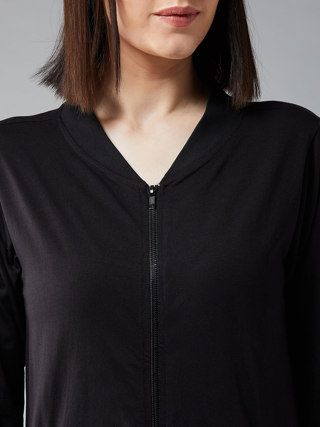 Women's Black Round Neck Full Sleeve Cotton Solid Bomber Jacket