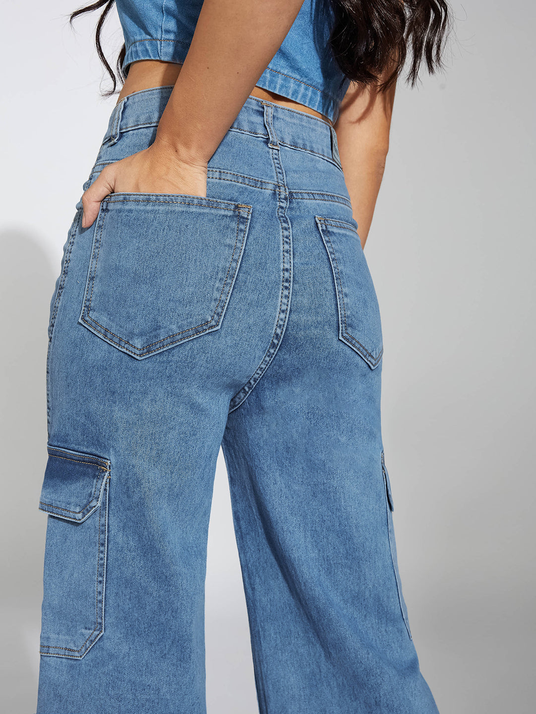 Women's Blue Wide-Leg High-Rise Heavy Wash Stretchable Cargo Denim Jeans