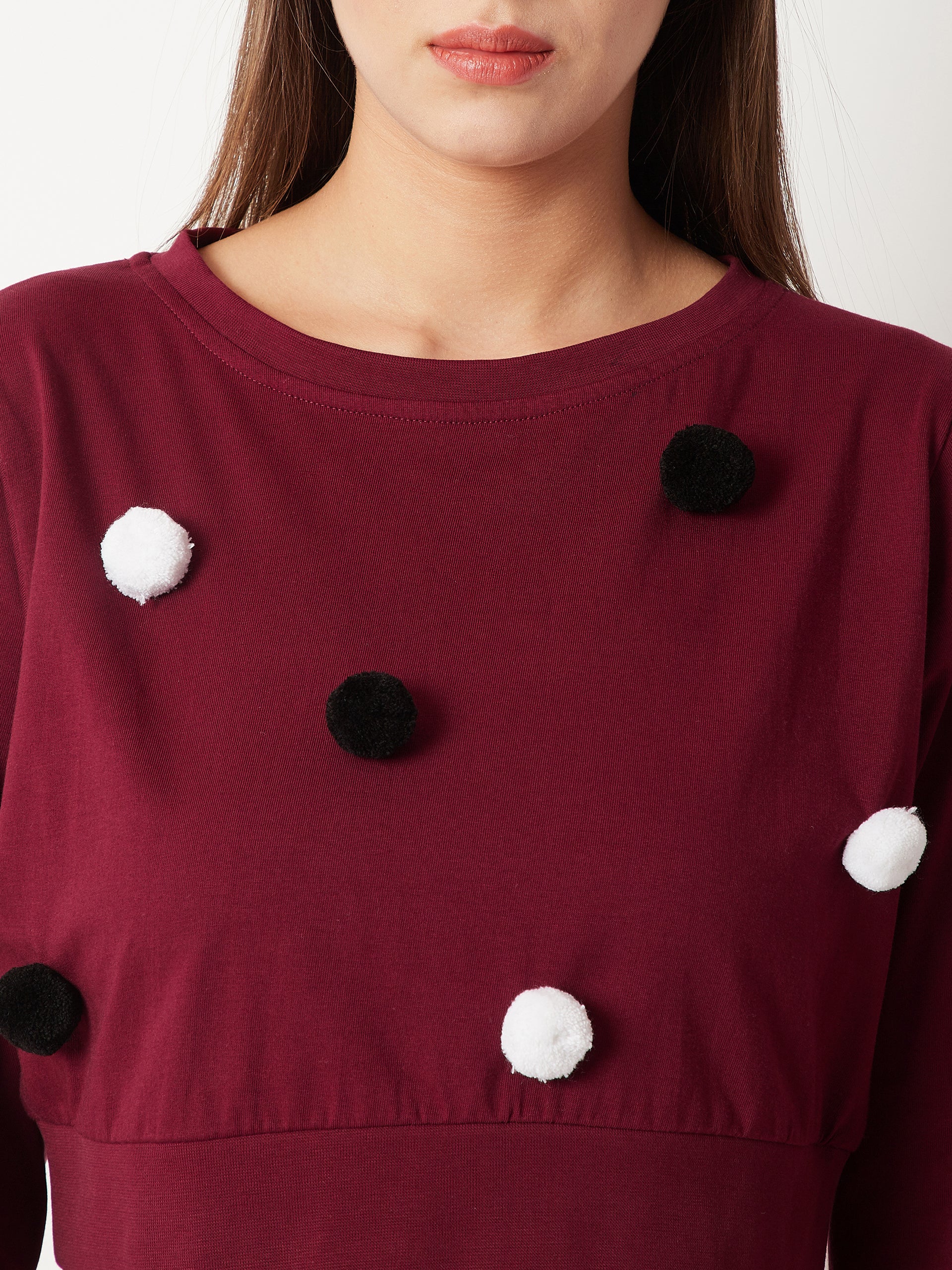 Women's Maroon Round Neck Full Sleeve Cotton Solid Pompom Detailing Boxy Crop Top