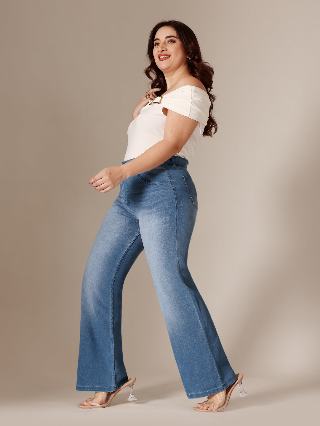 24/7 Comfort Light Blue Wide-Leg Mid Rise Clean Look Regular Length Blast Effect Denim Jeans for Women