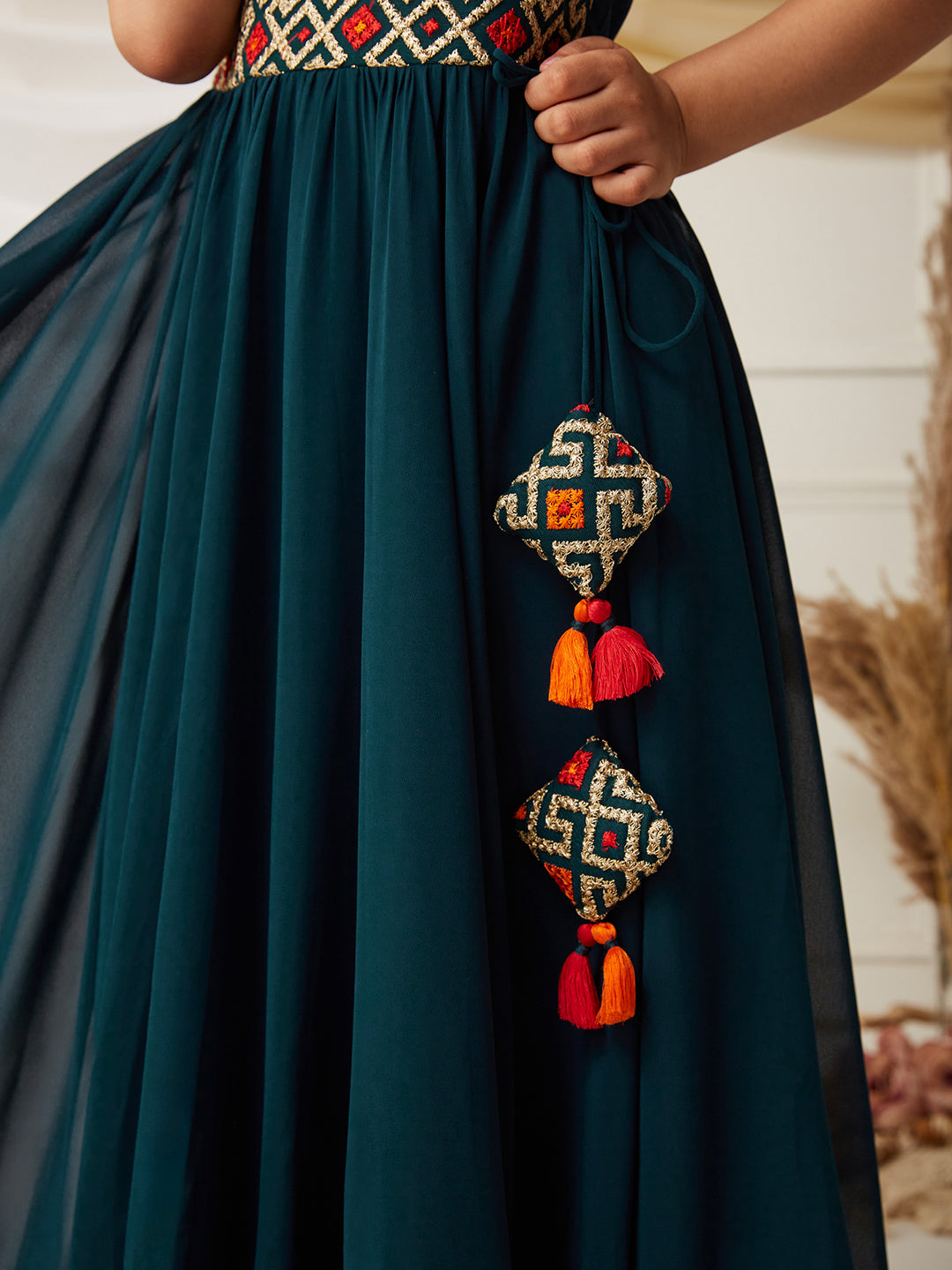 Multicolored-Base-Teal Round-Neck Sleeveless Embroidered Flared Polyester Maxi Dress
