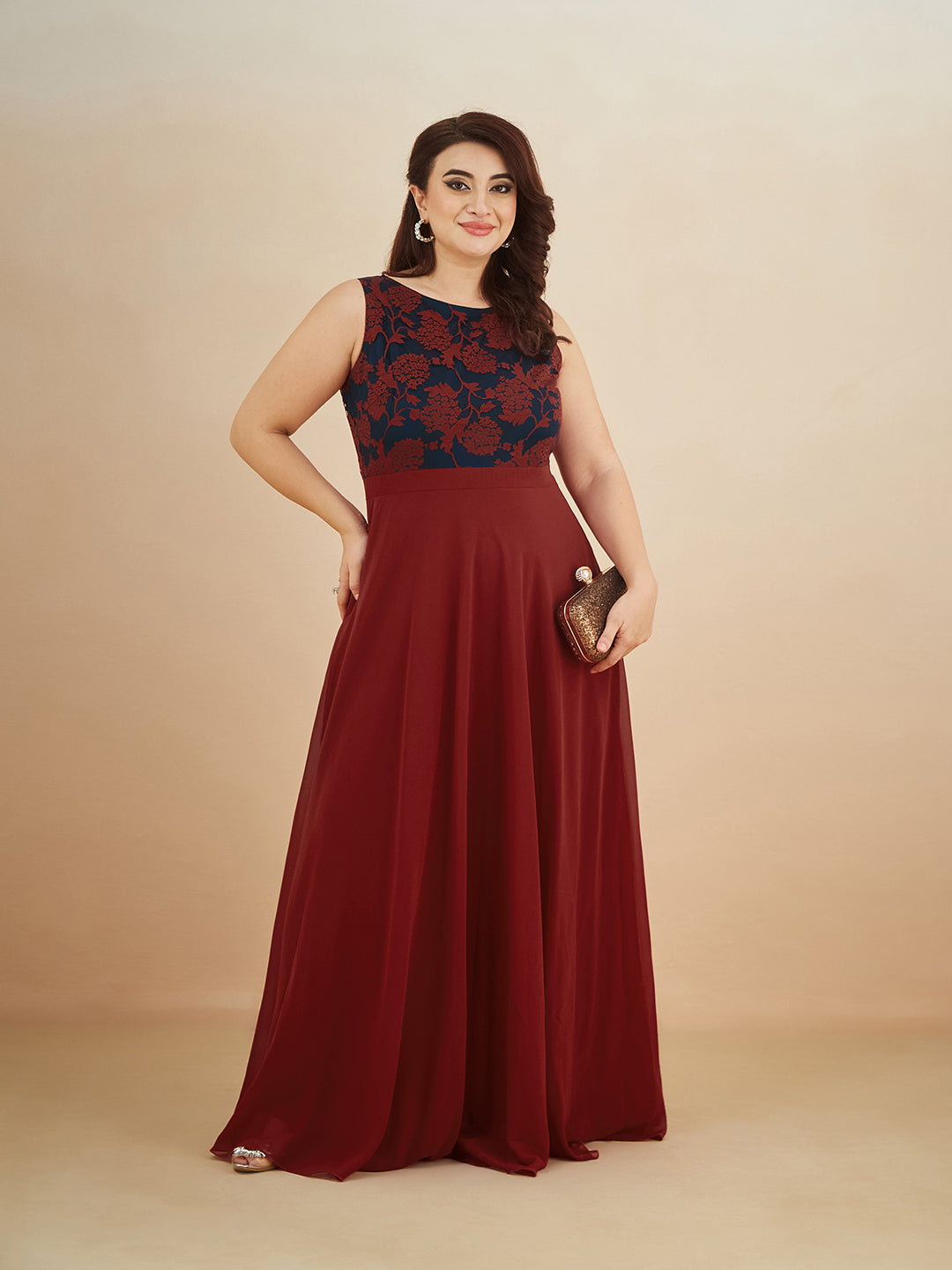 Maroon & Teal Boat Neck Sleeveless Self Design Lace Overlaid Maxi Dress for Women — Miss Chase A+