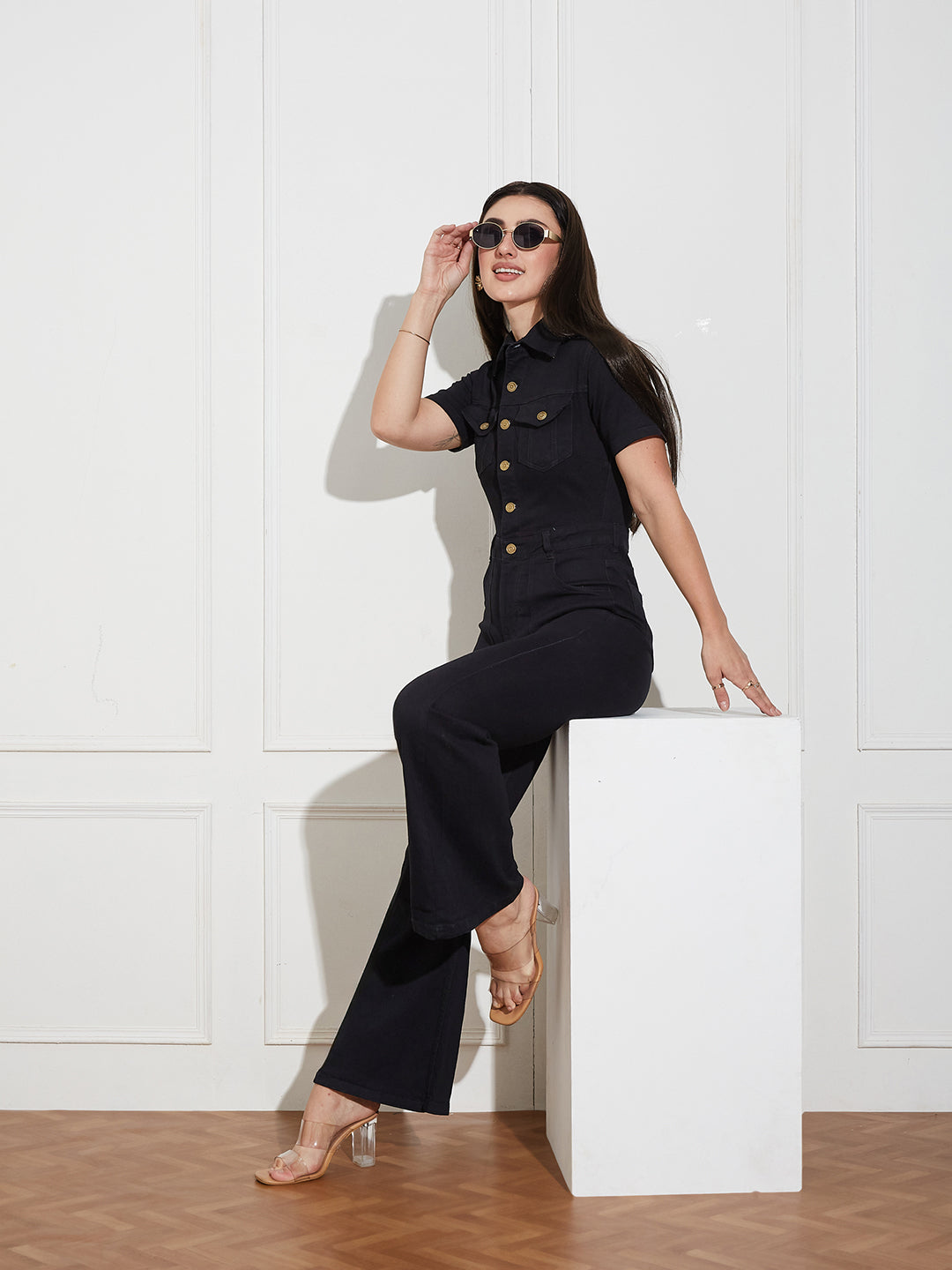 Women's Black Flared High Rise Regular Stretchable Denim Jumpsuit