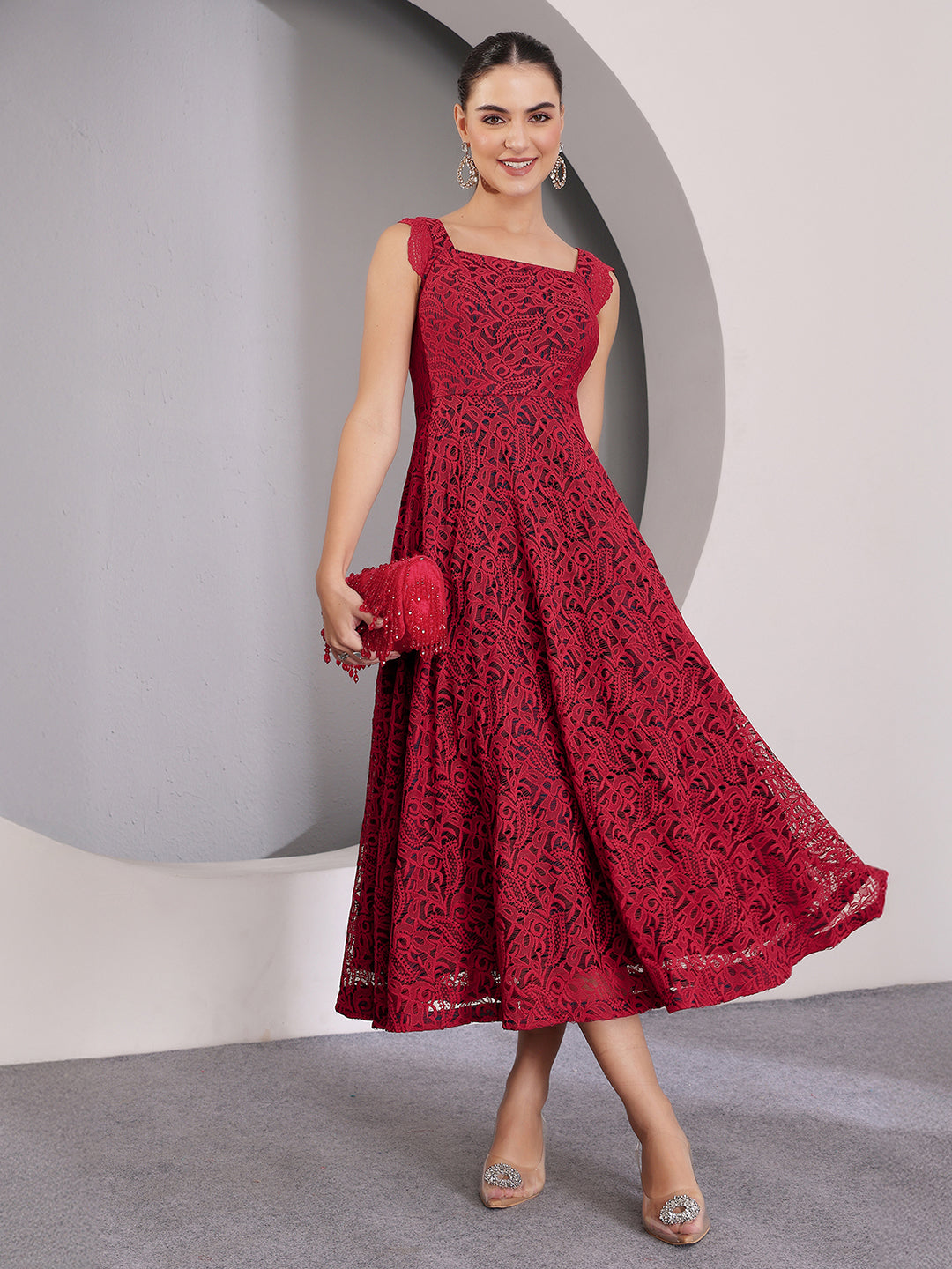 Women's Maroon Square Neck Sleeveless Self-Designed Ruffled Midi Lace Dress