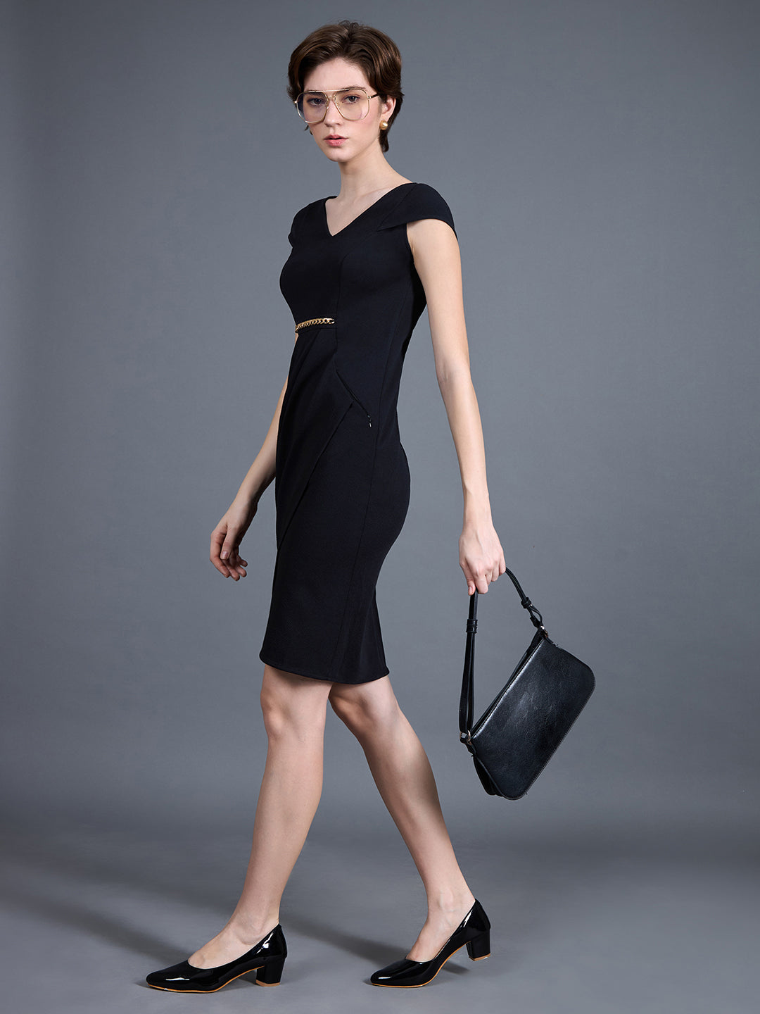 Women's Black Solid V Neck Cap Sleeves Polyester Side Pocketed Knee Long Dress