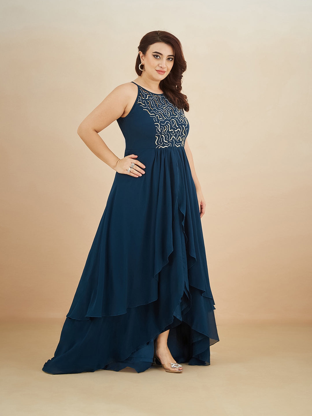 Teal Round Neck Sleeveless Solid Embellished Maxi Dress for Women