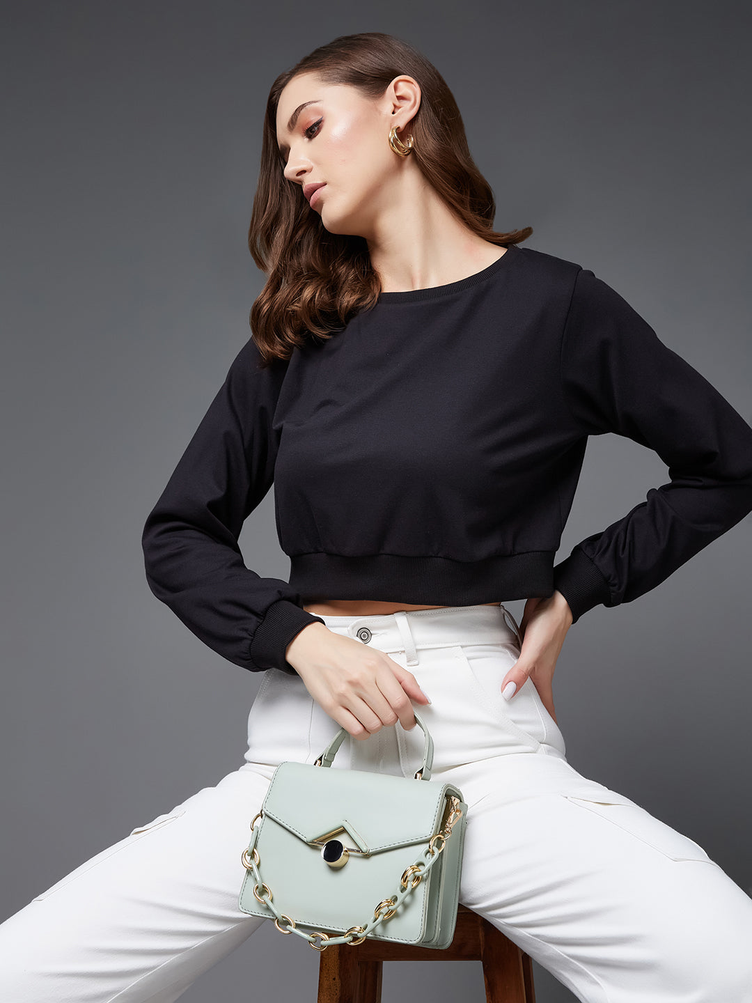 Women's Black Round Neck Full Sleeves Oversized Boxy Crop Top