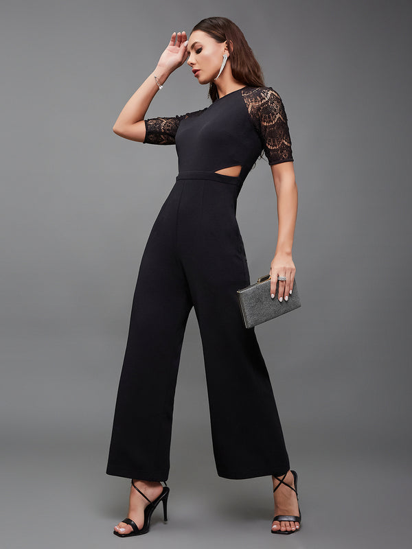 Women's Black Raglan Half Sleeve Solid Waist Cut-Out Regular Length Jumpsuit