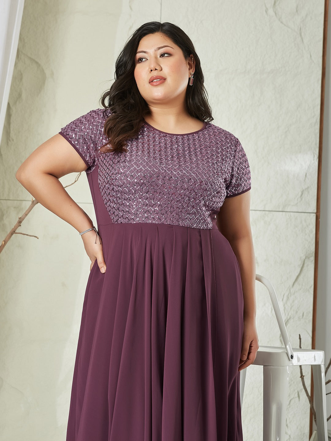 Mauve Round Neck Cap Sleeve Embellished Fit & Flare Maxi Crepe Dress for Women