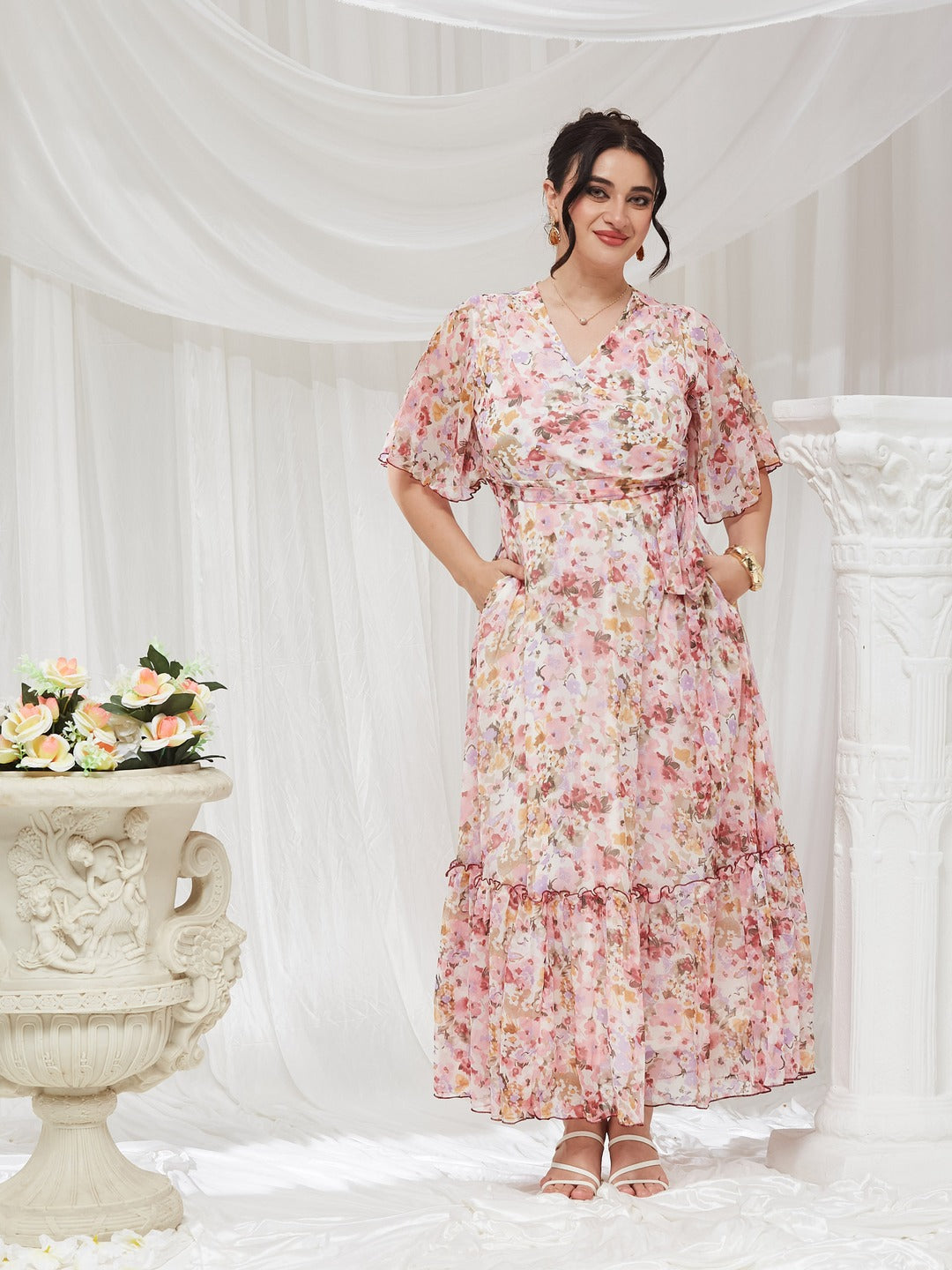Pink V-Neck Flared Sleeve Floral Wrap Chiffon Maxi Dress for Women — Miss Chase A+