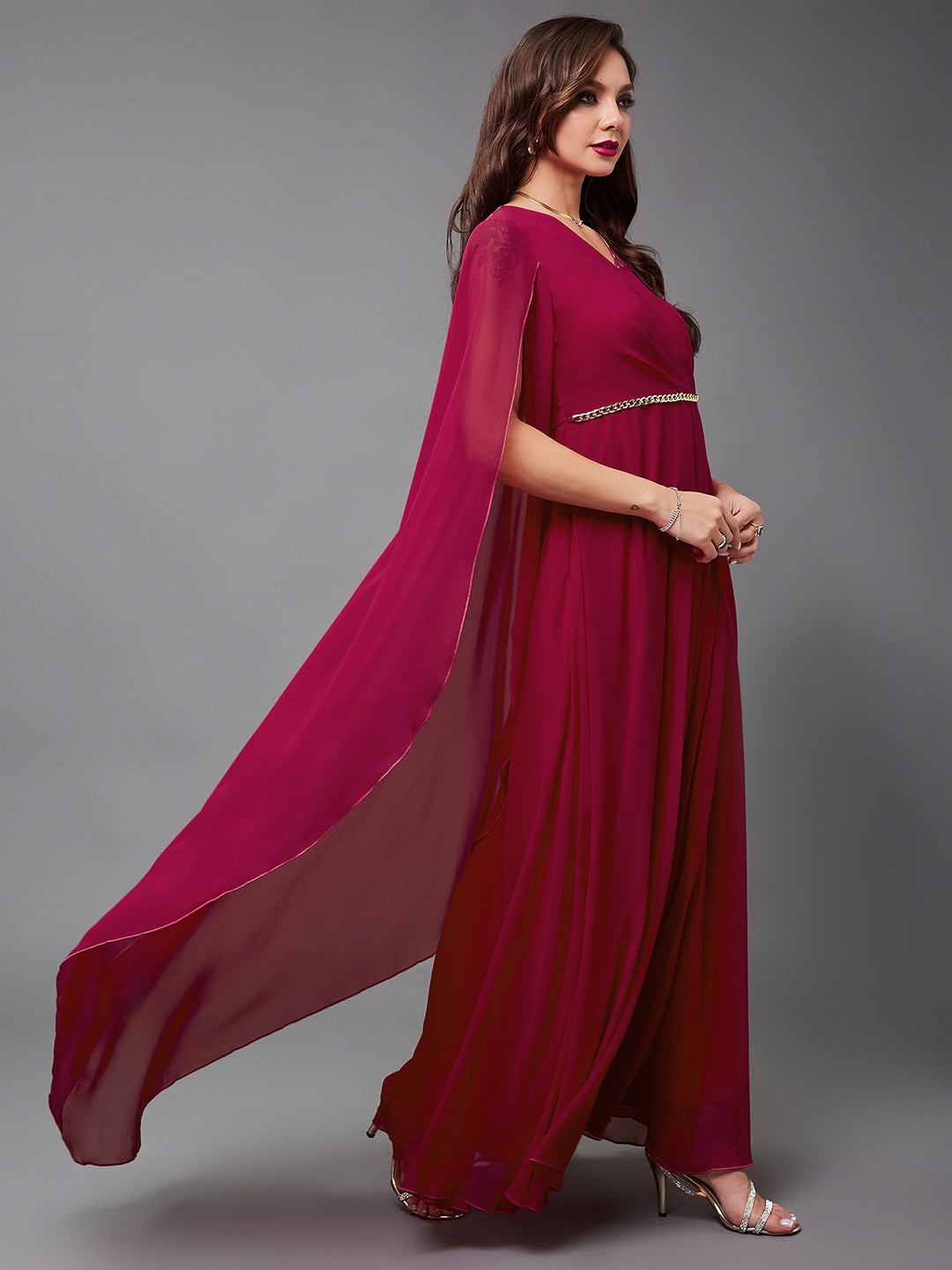 Women's Dark Pink V-Neck Asymmetric Self-Designed Georgette Maxi Party Dress