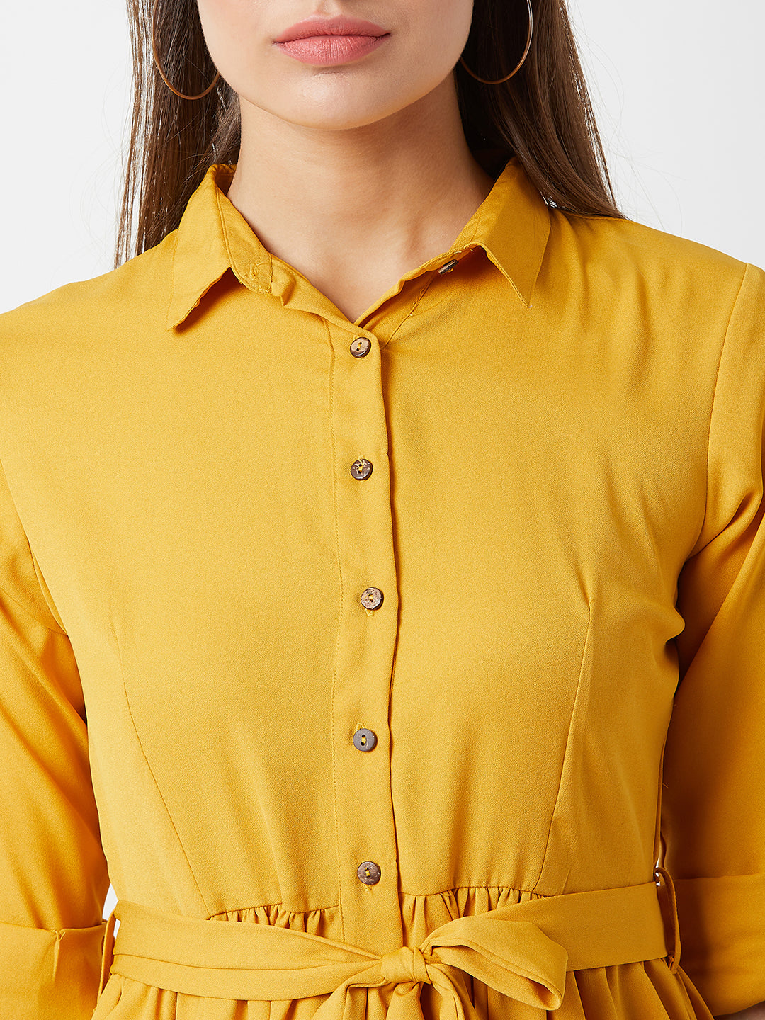 Women's Mustard Collared Round Neck Full Sleeve Solid Belted Buttoned Knee-Long Shirt Dress