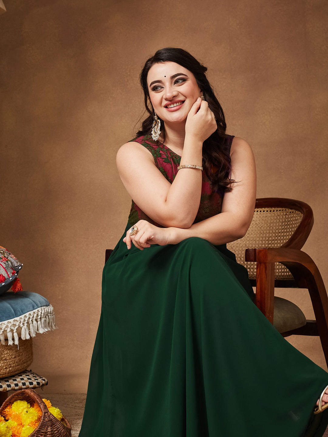 Dark Green Round Neck Sleeveless Georgette Floral Lace Fit & Flare Maxi Dress for Women — Miss Chase A+